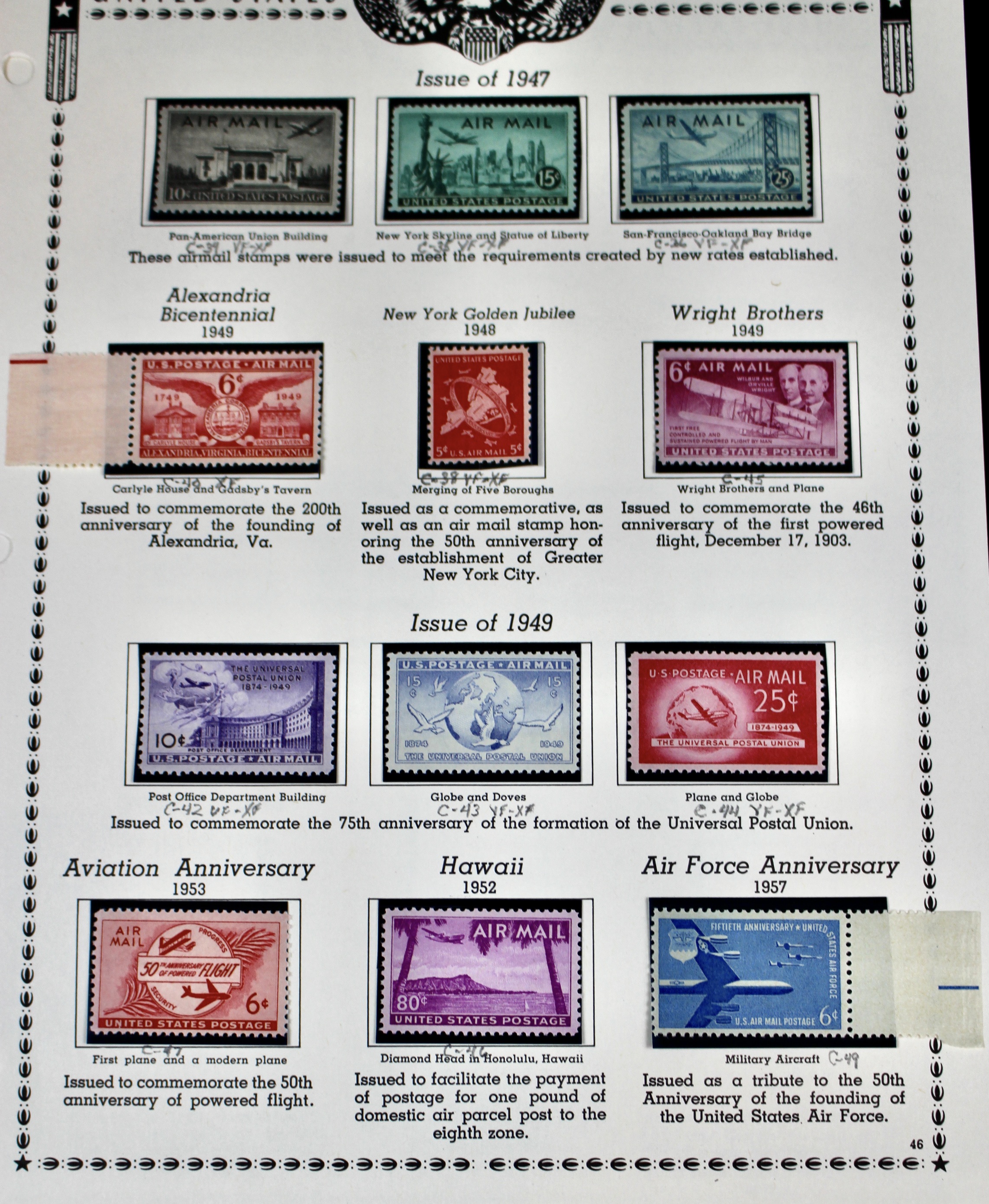 Mint Never Hinged U.S. Airmail Postage Stamp Collection