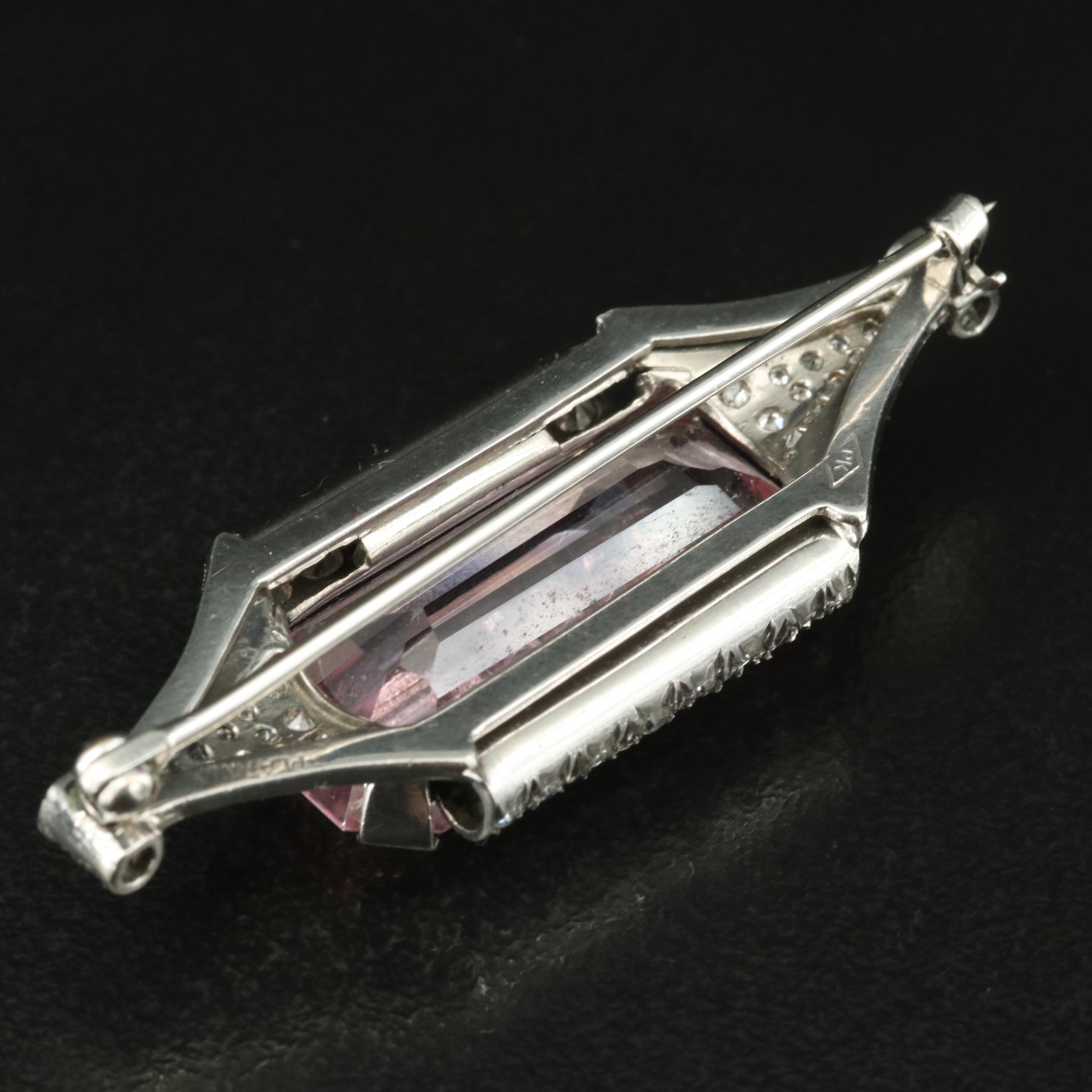 1930s Platinum 22.54 CT Pink Topaz and Diamond Brooch