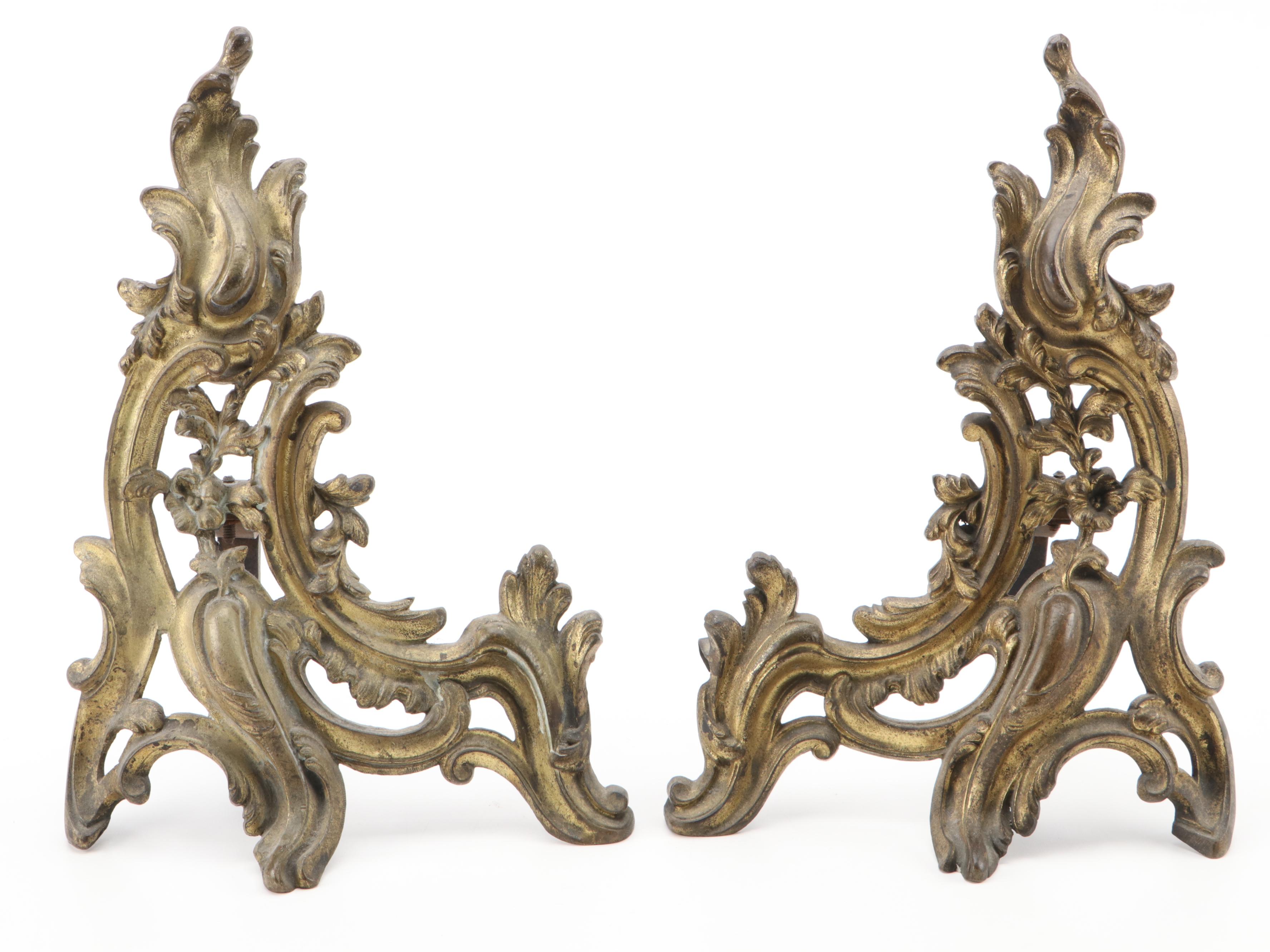 Louis XV Style Scroll and Foliate Gilt Metal Andirons