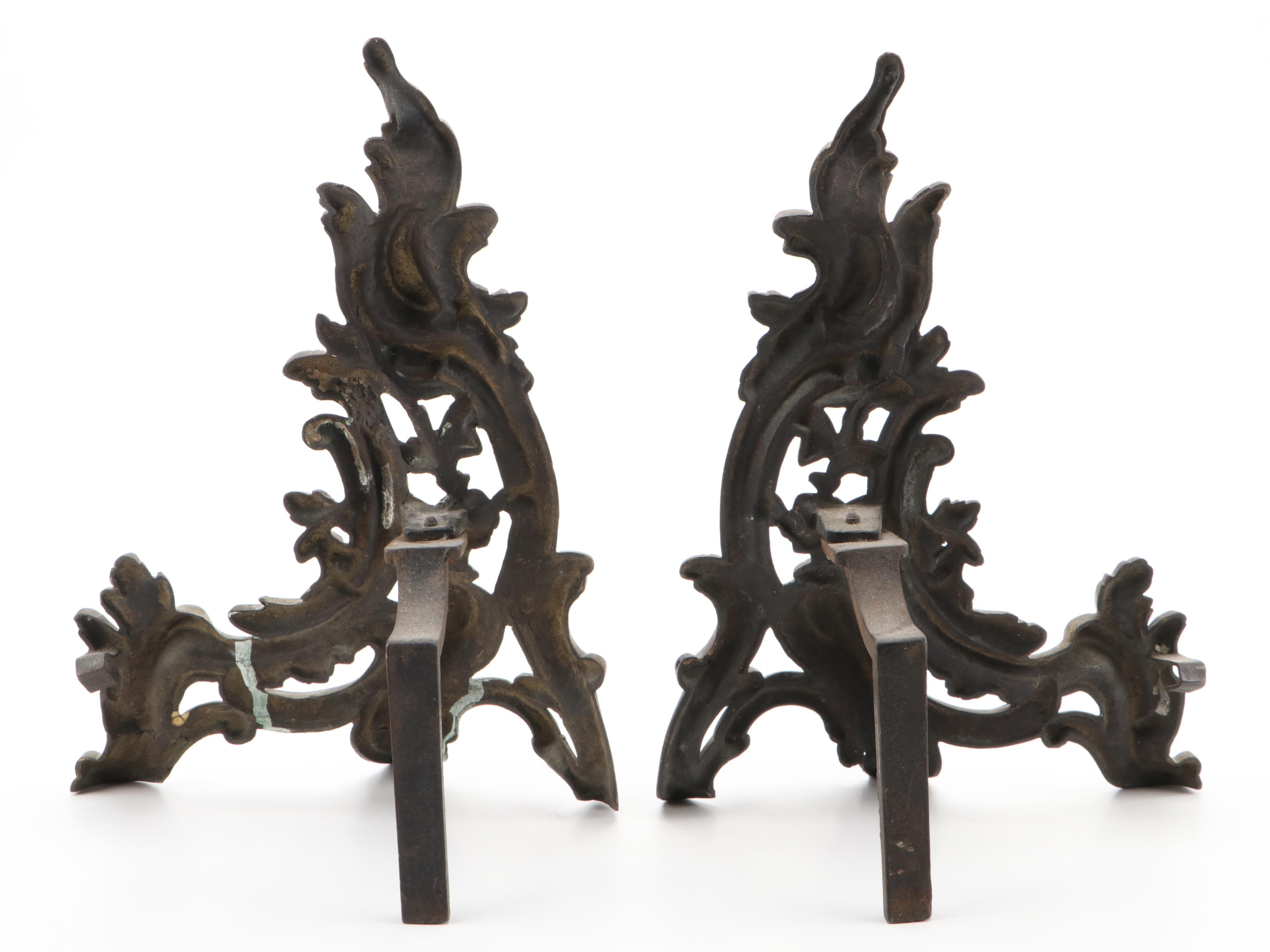 Louis XV Style Scroll and Foliate Gilt Metal Andirons