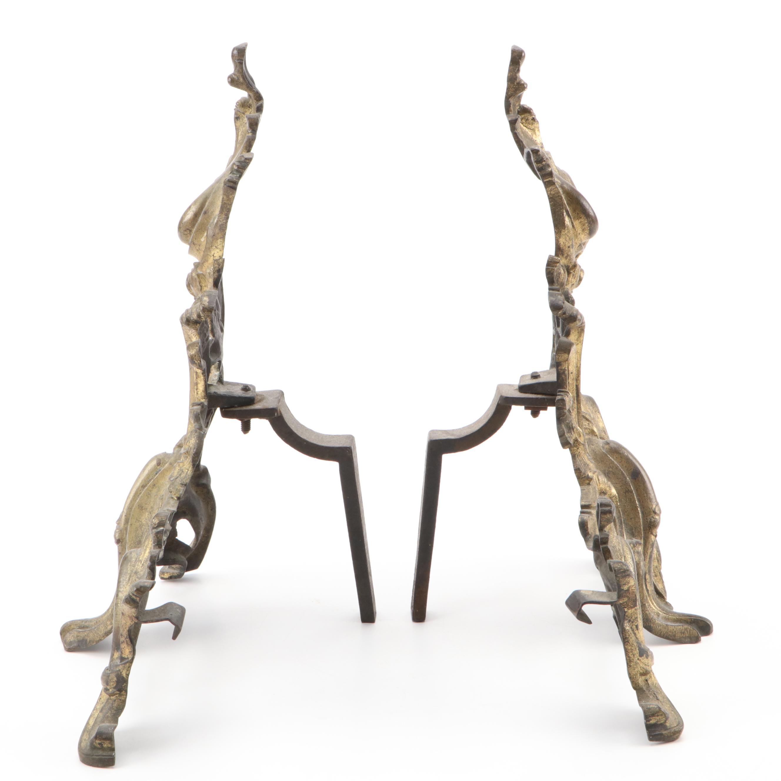 Louis XV Style Scroll and Foliate Gilt Metal Andirons