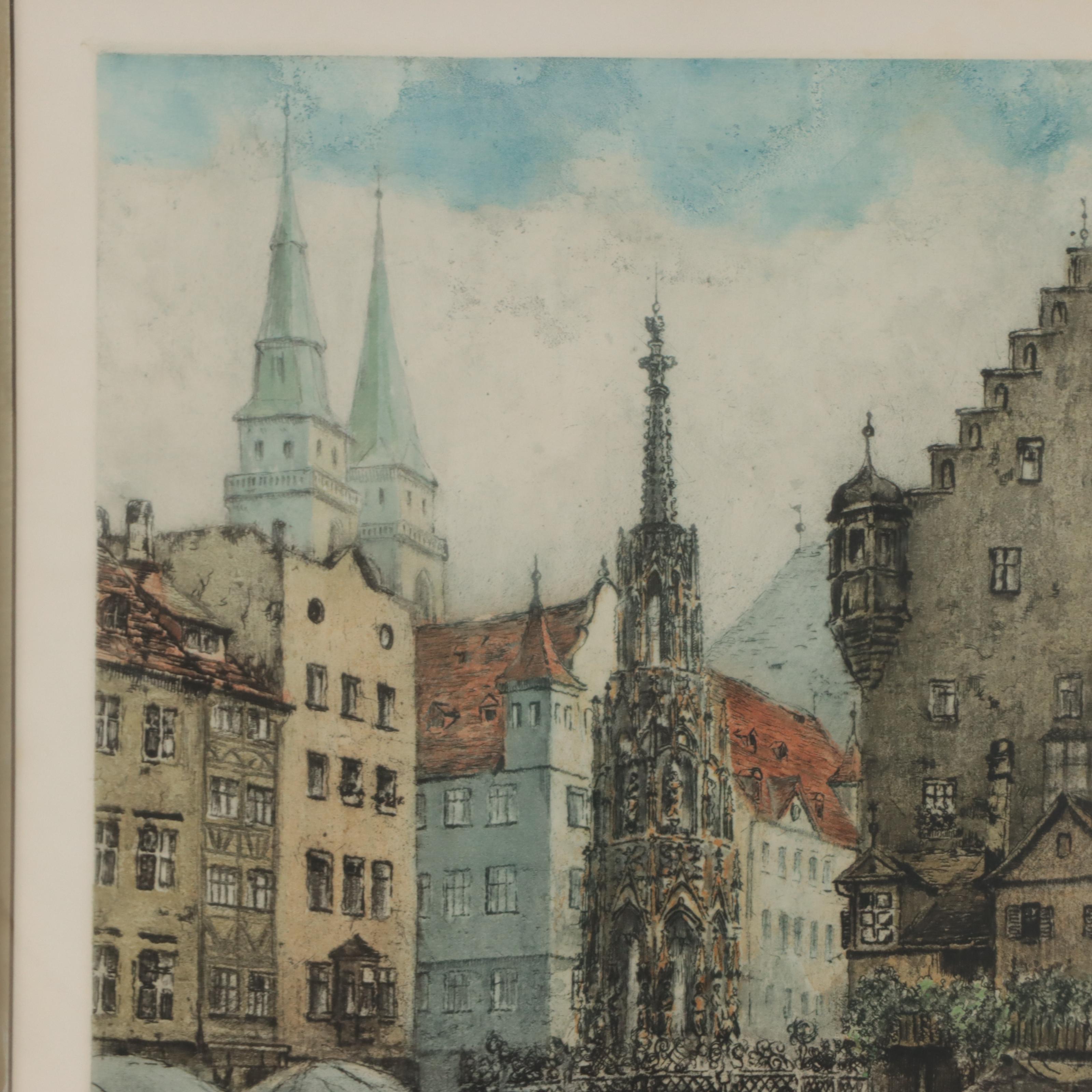 Street Scene Etching With Aquatint of Nürnberg, Germany