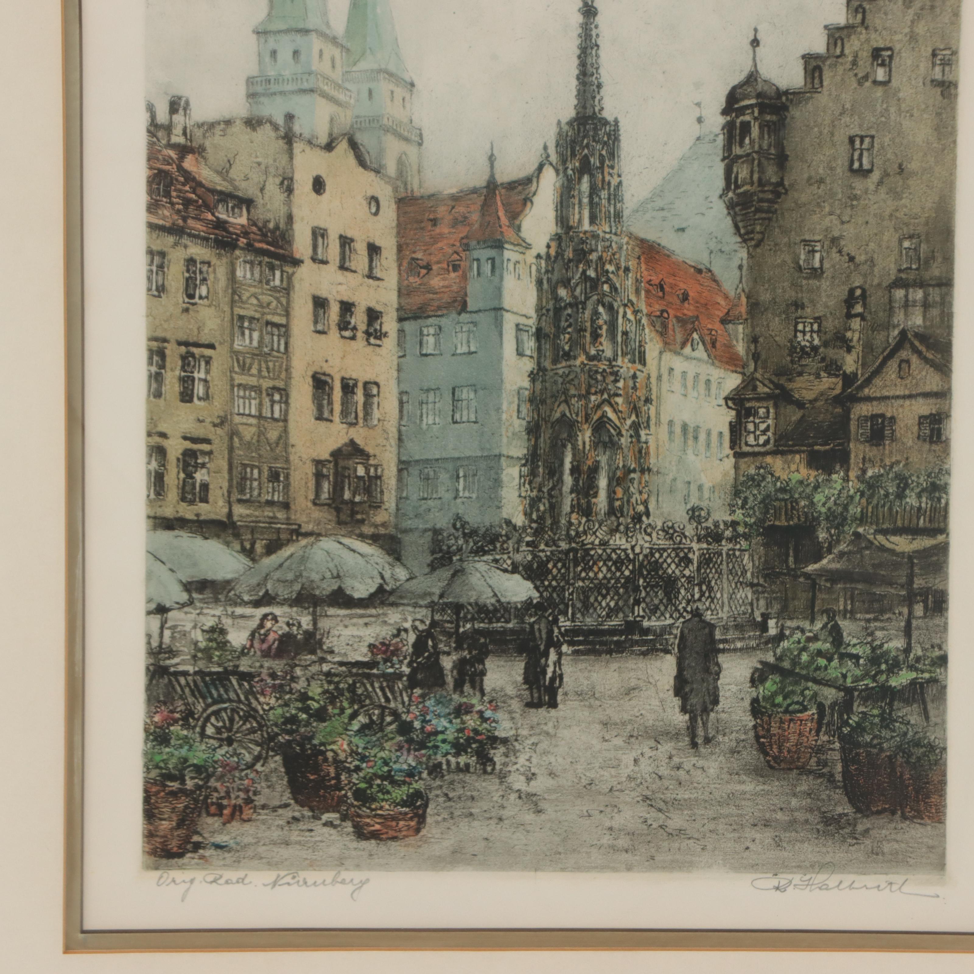 Street Scene Etching With Aquatint of Nürnberg, Germany