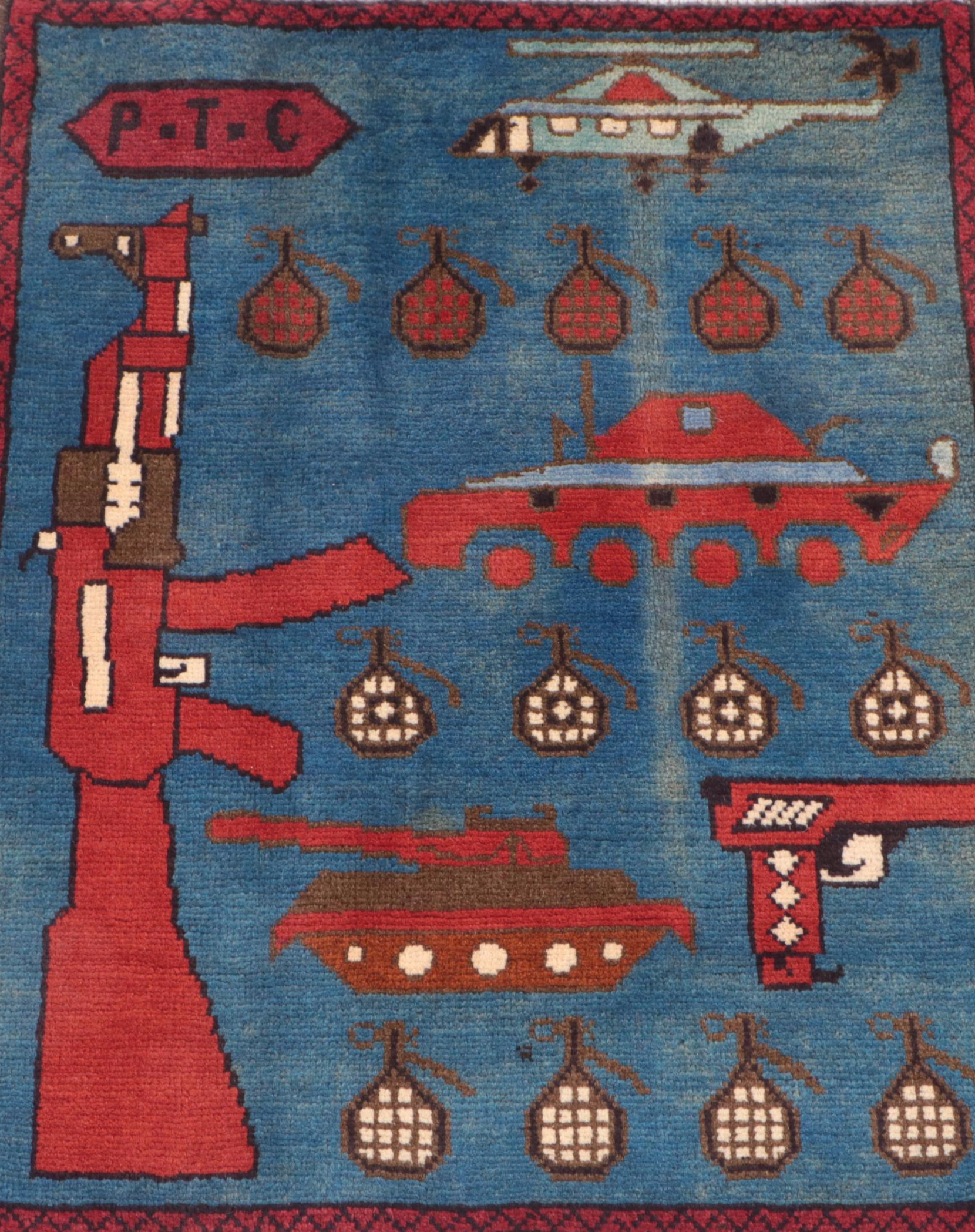 2'1 x 2'9 Hand-Knotted Afghan Pictorial War Rug