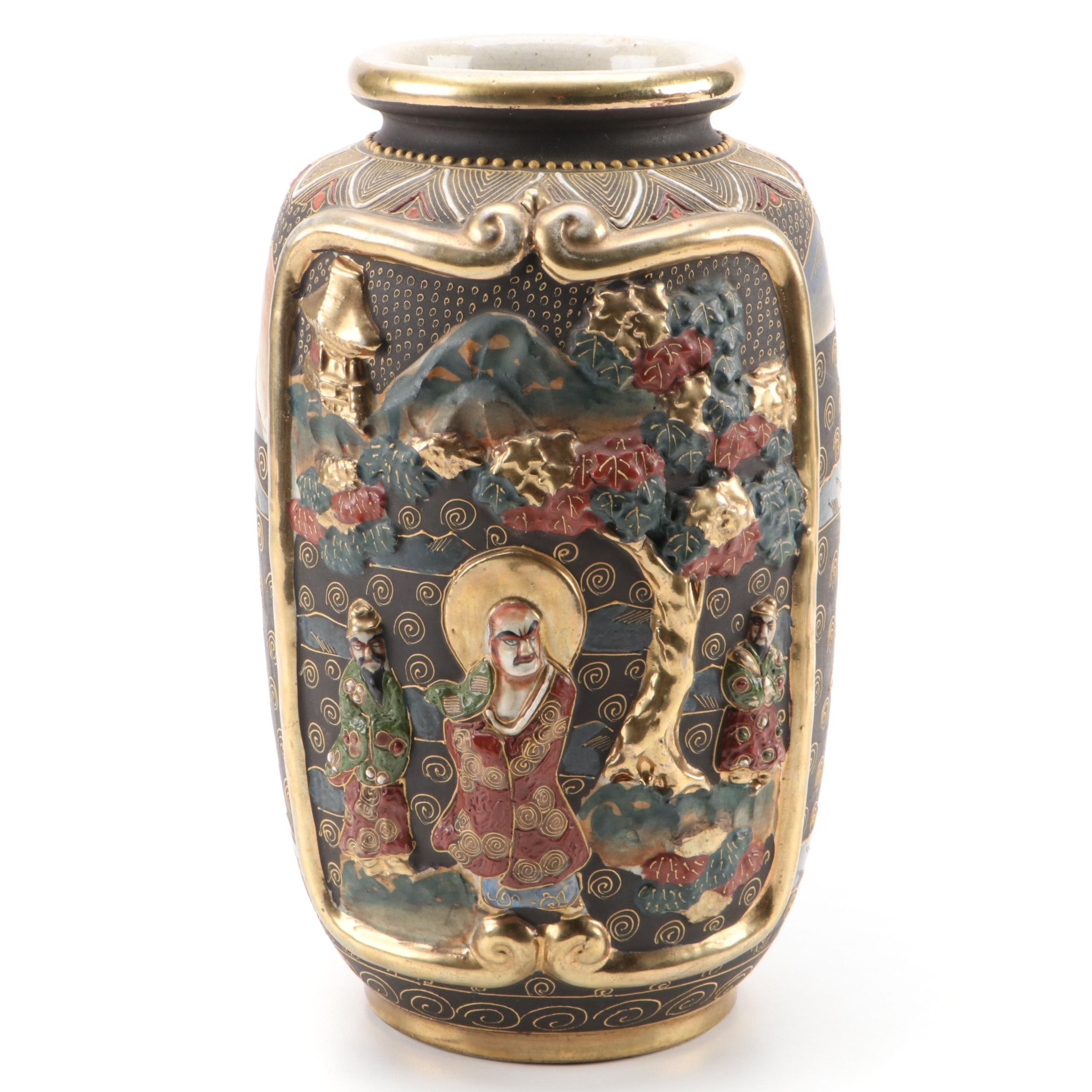 Japanese Satsuma Earthenware Immortals Vase, Early to Mid-20th C.