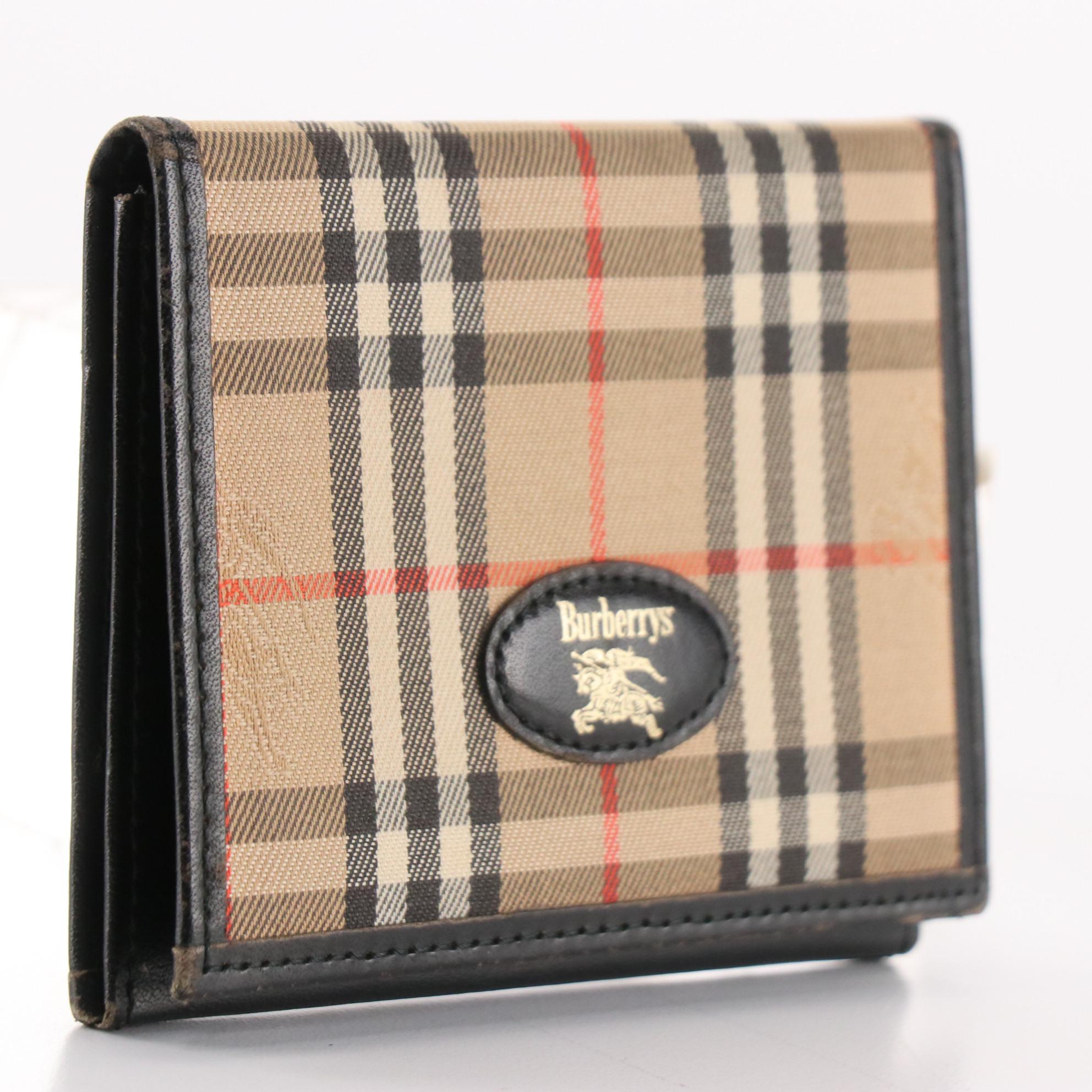 Burberrys Bifold Compact Wallet in Haymarket Check Canvas and Black Leather Trim