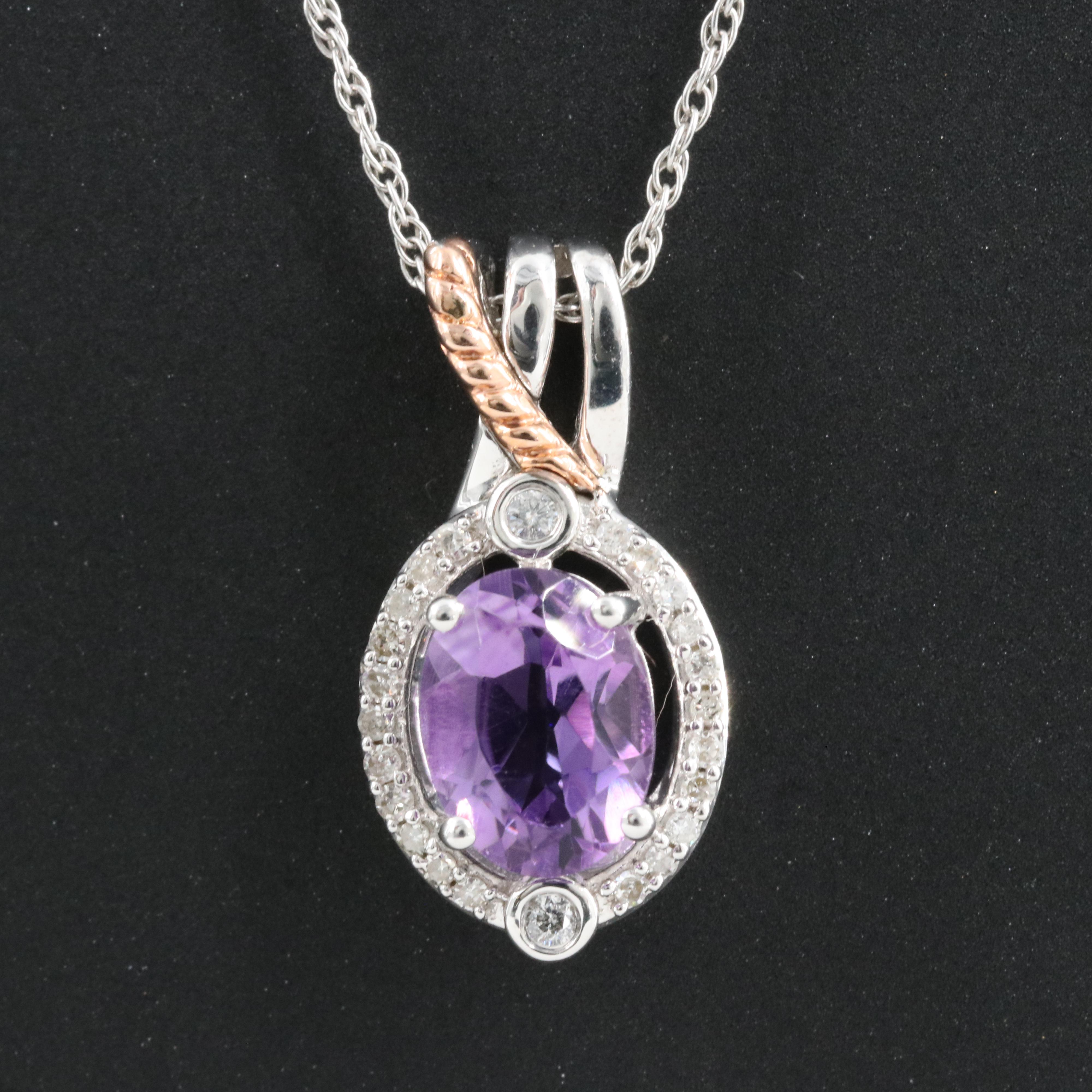 Sterling Amethyst and Diamond Pendant Necklace with 10K Rose Gold Accents