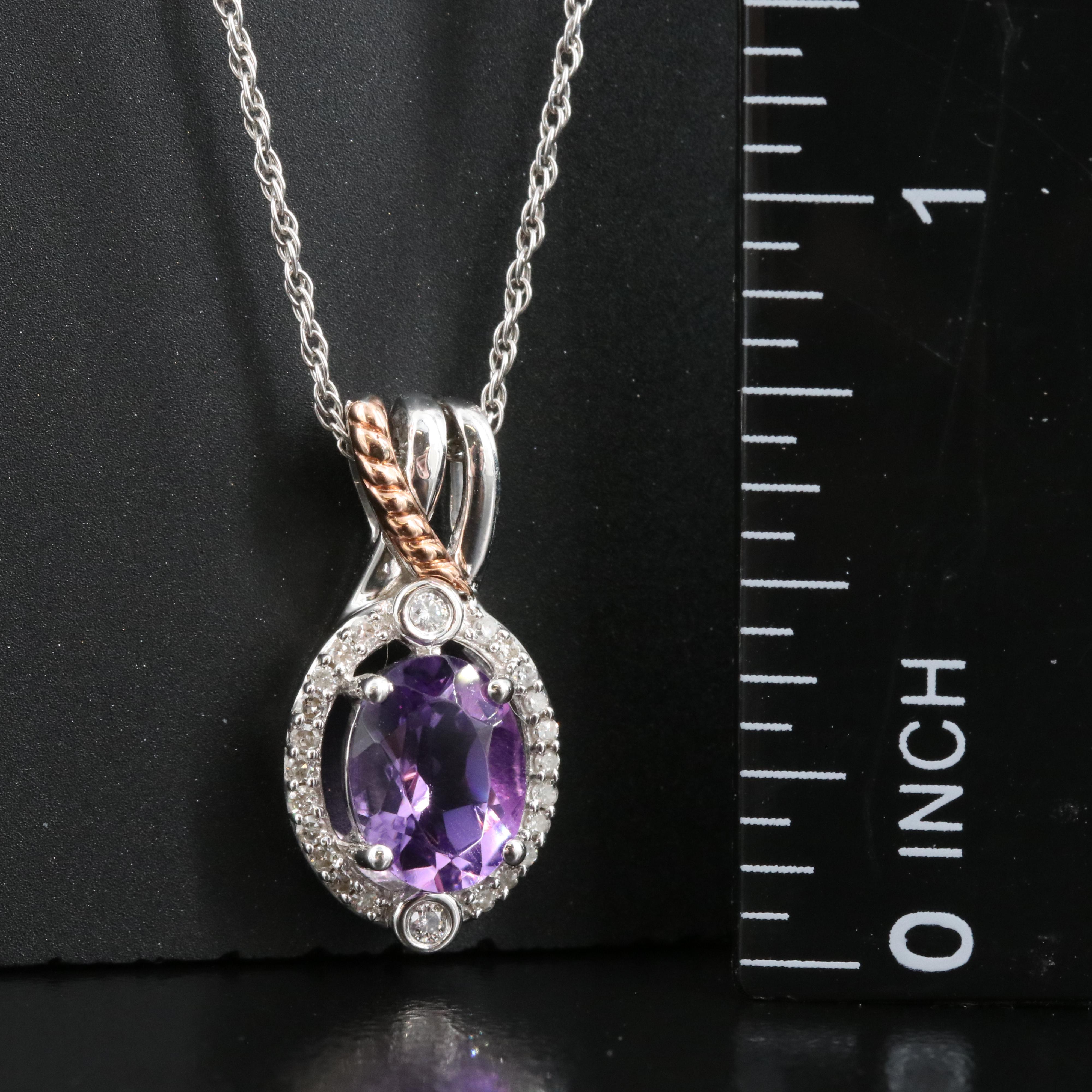 Sterling Amethyst and Diamond Pendant Necklace with 10K Rose Gold Accents