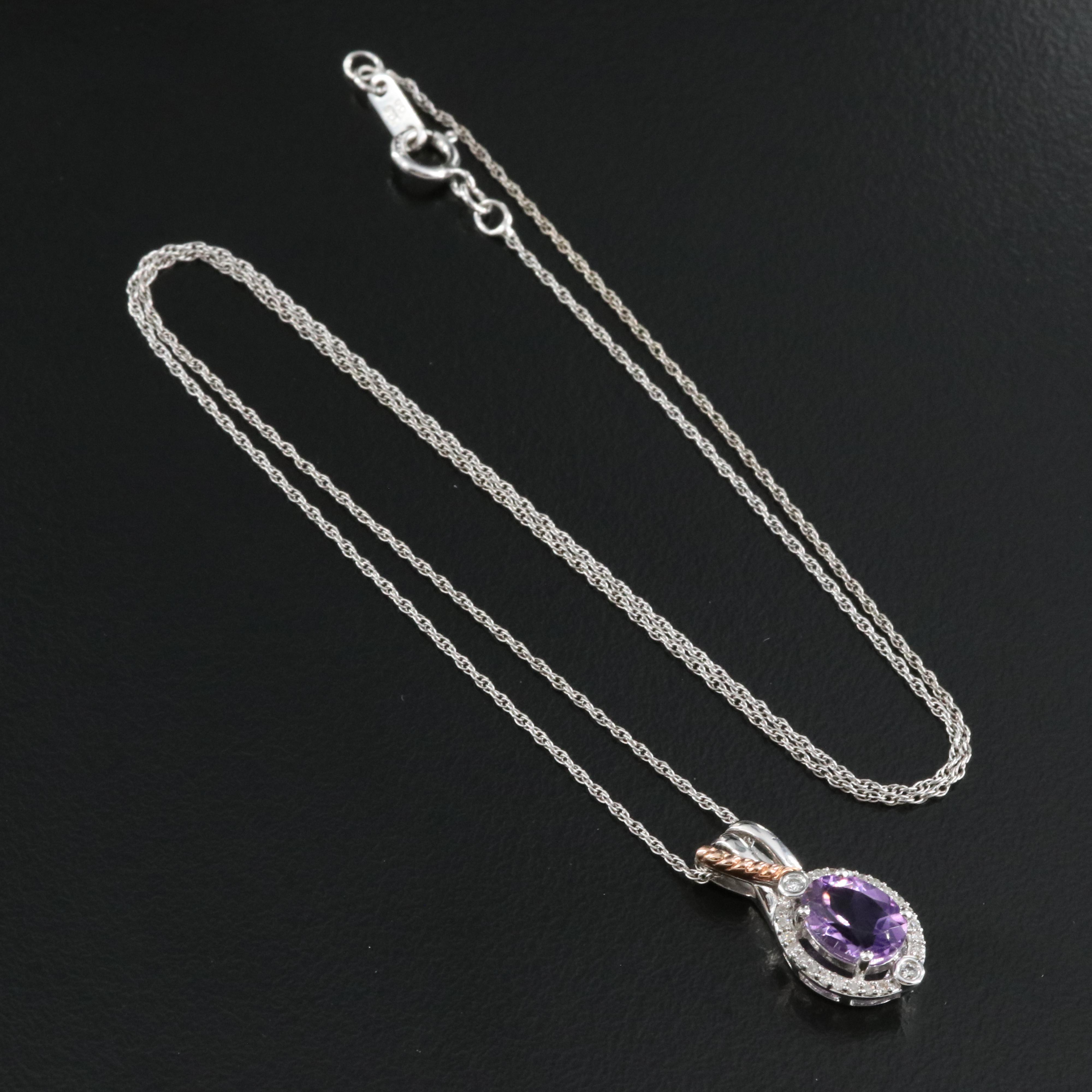 Sterling Amethyst and Diamond Pendant Necklace with 10K Rose Gold Accents