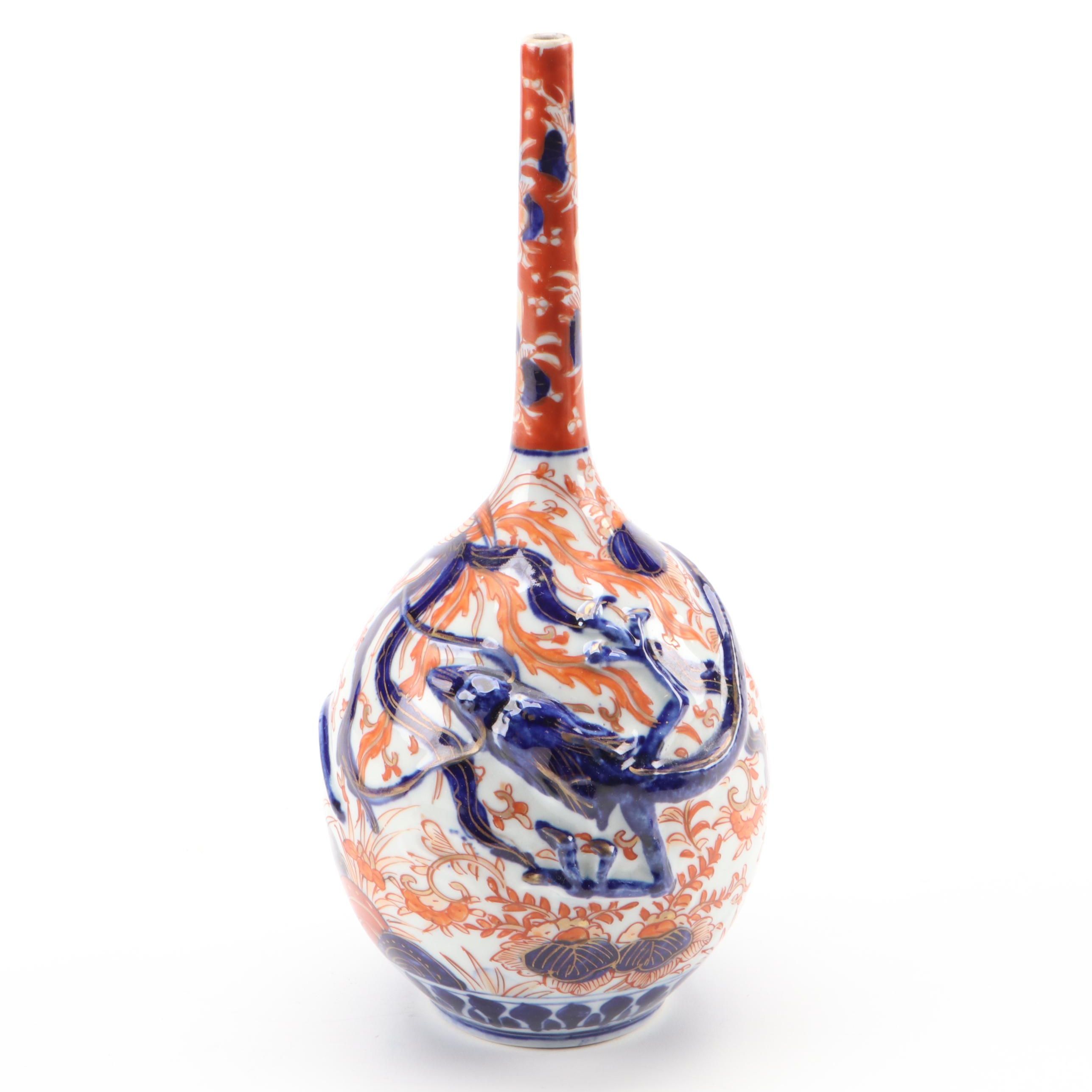 Japanese Kutani Dragon Relief Porcelain Bottle Vase, Antique