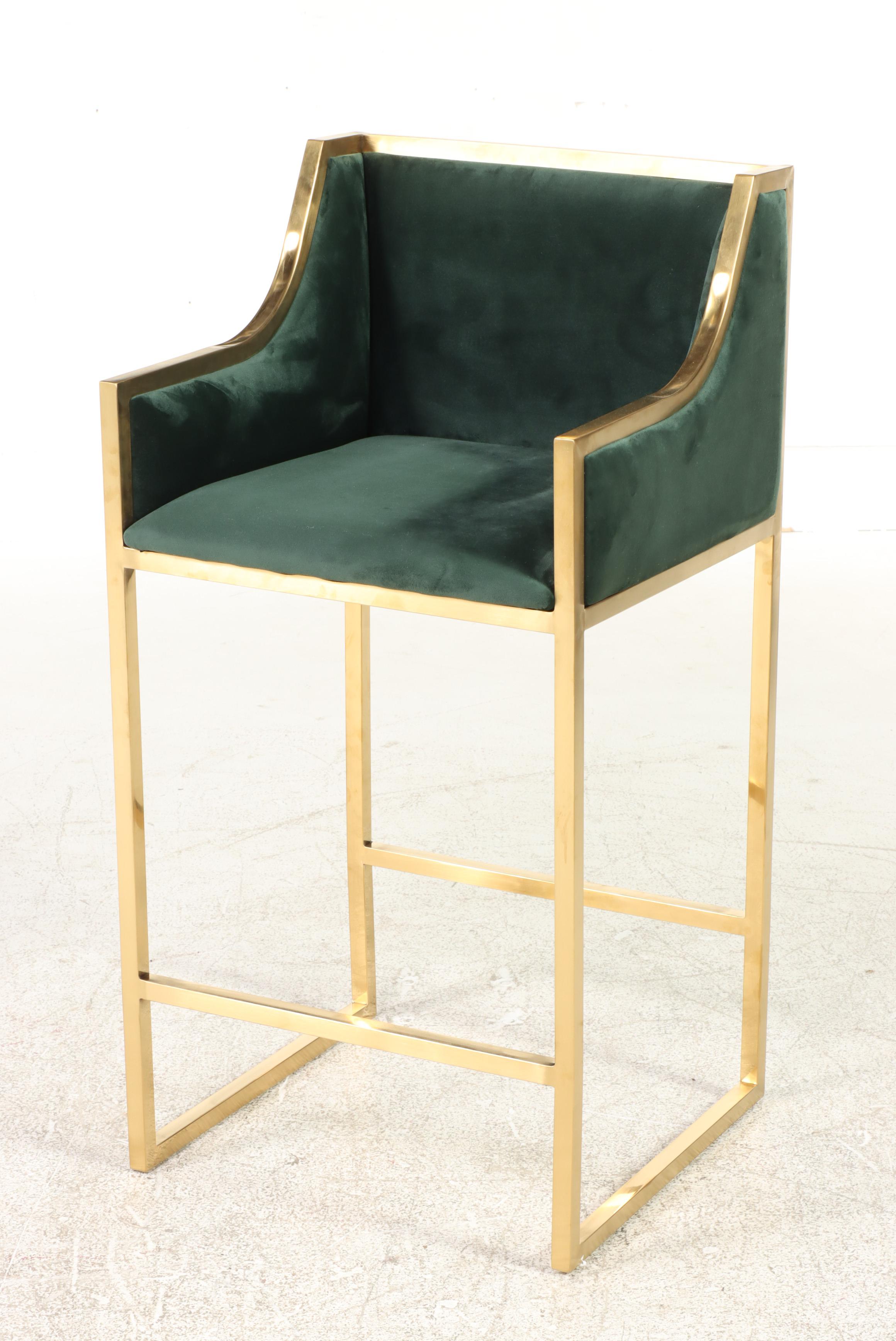 Four Contemporary Green Velvet and Gold Metal Counter Stools
