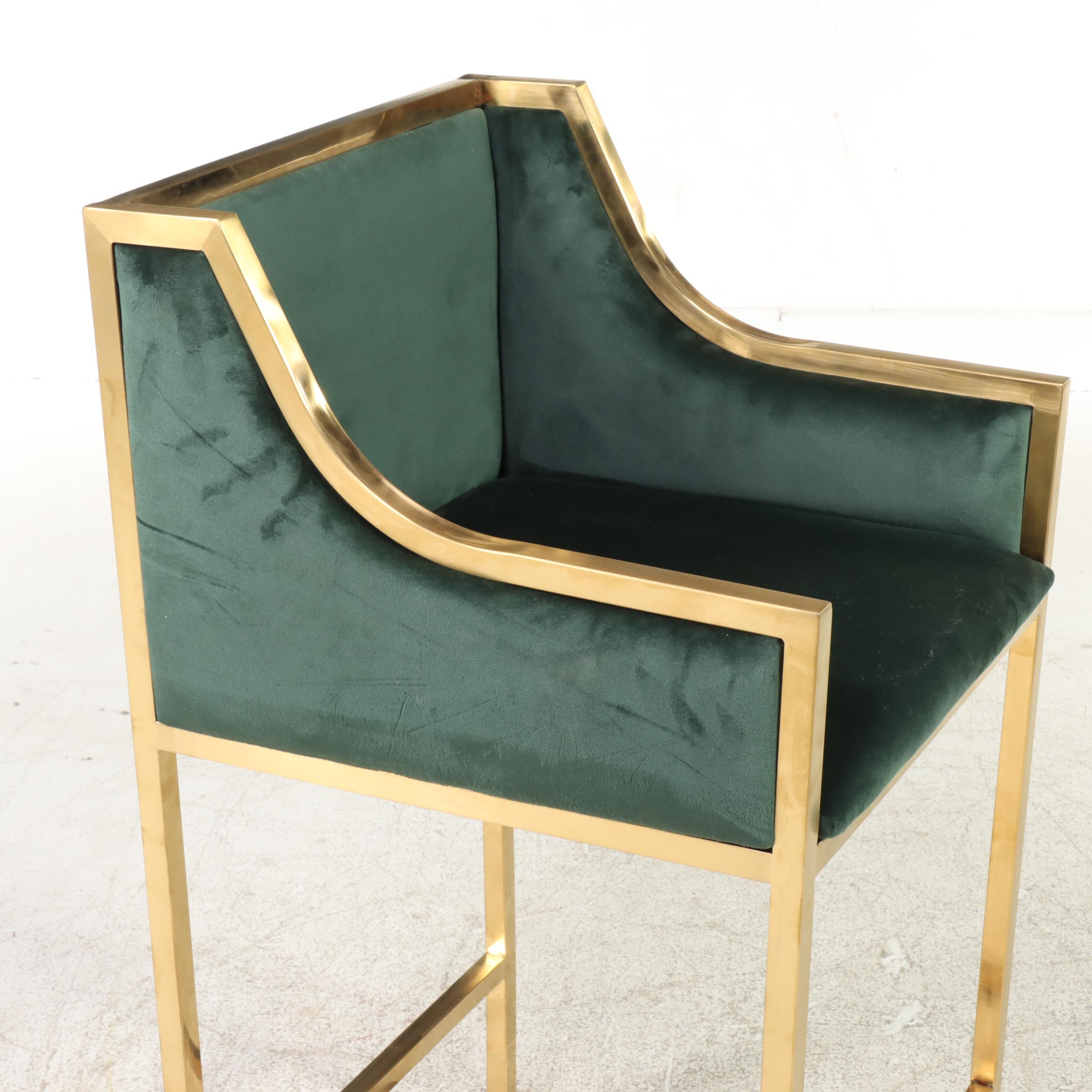 Four Contemporary Green Velvet and Gold Metal Counter Stools