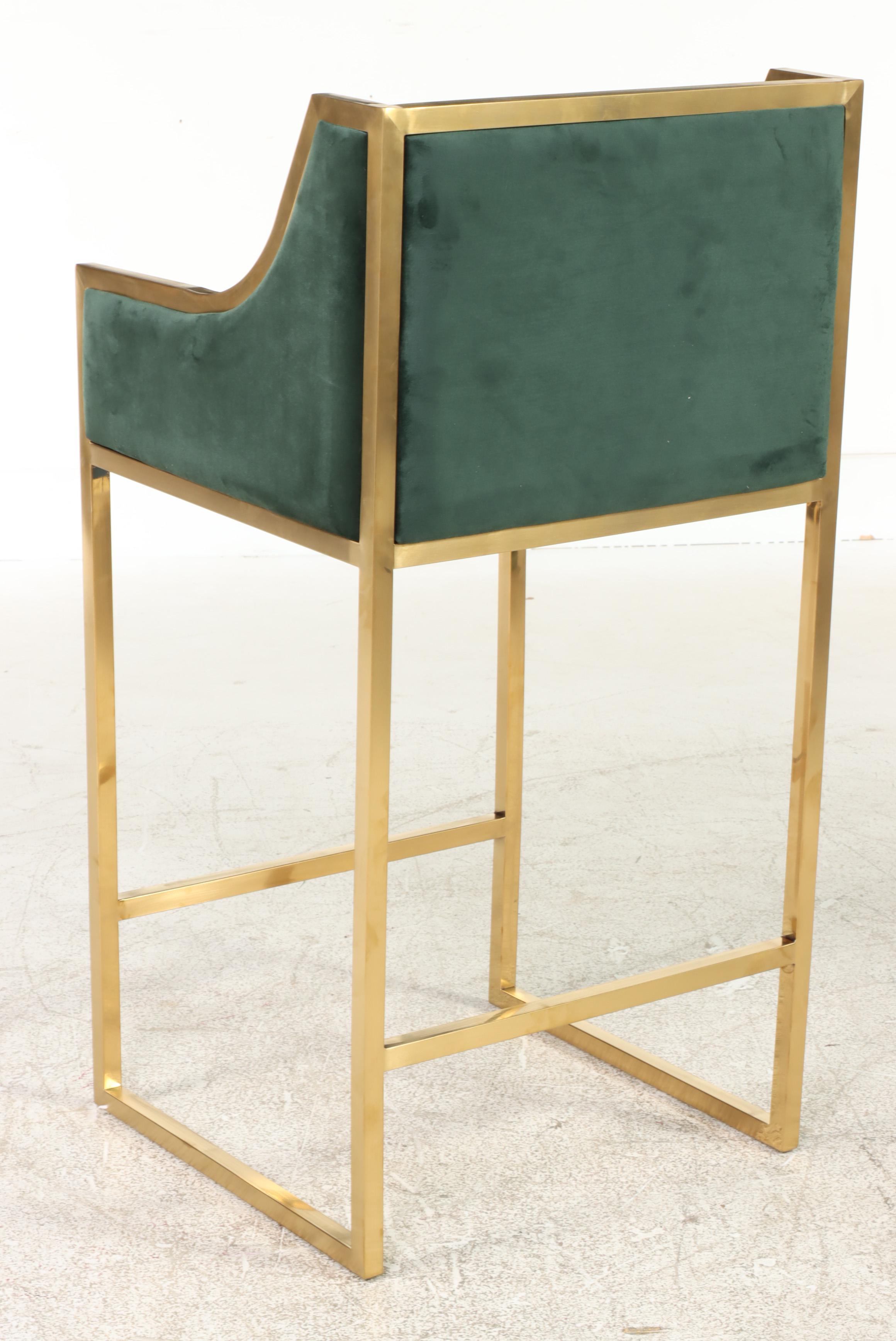 Four Contemporary Green Velvet and Gold Metal Counter Stools