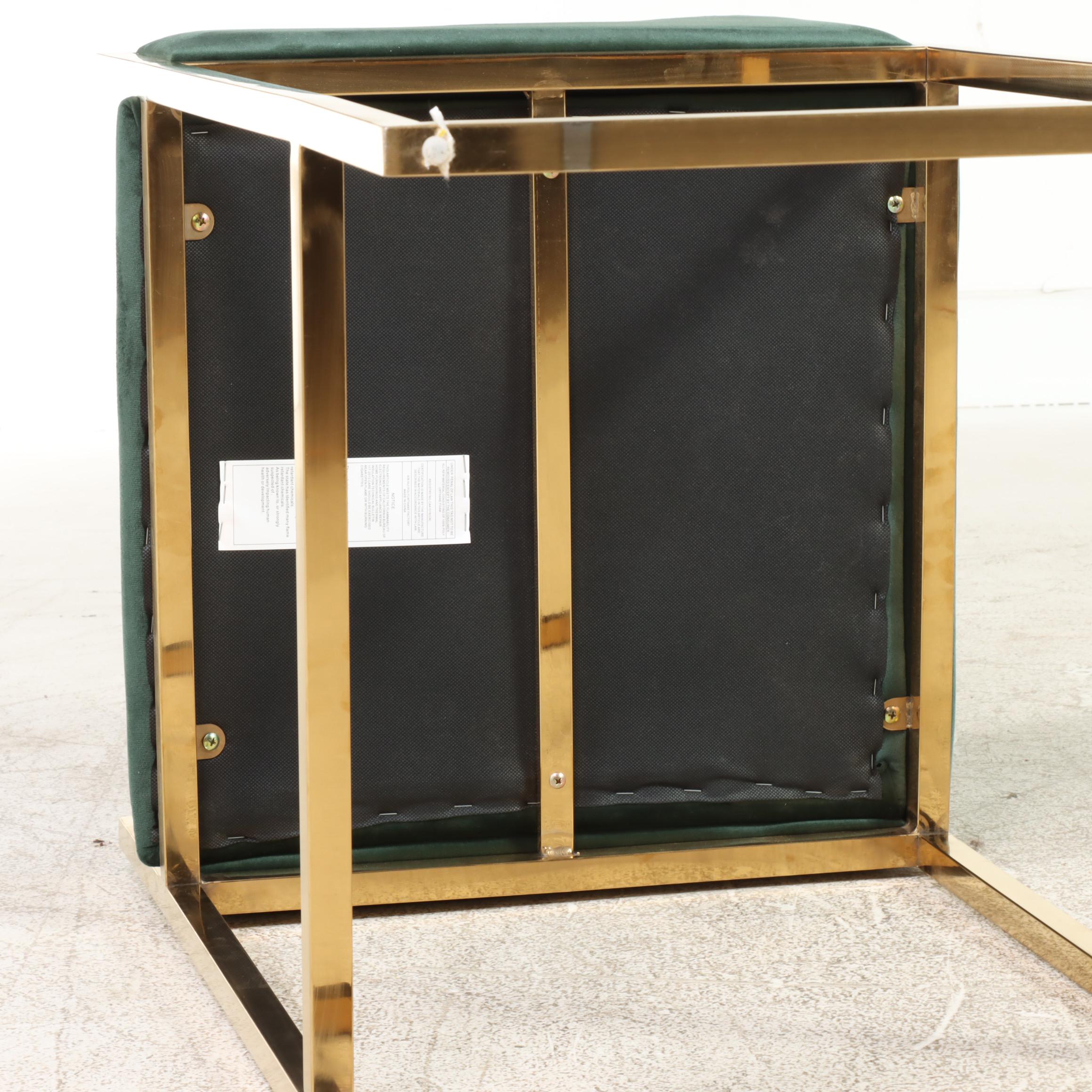 Four Contemporary Green Velvet and Gold Metal Counter Stools