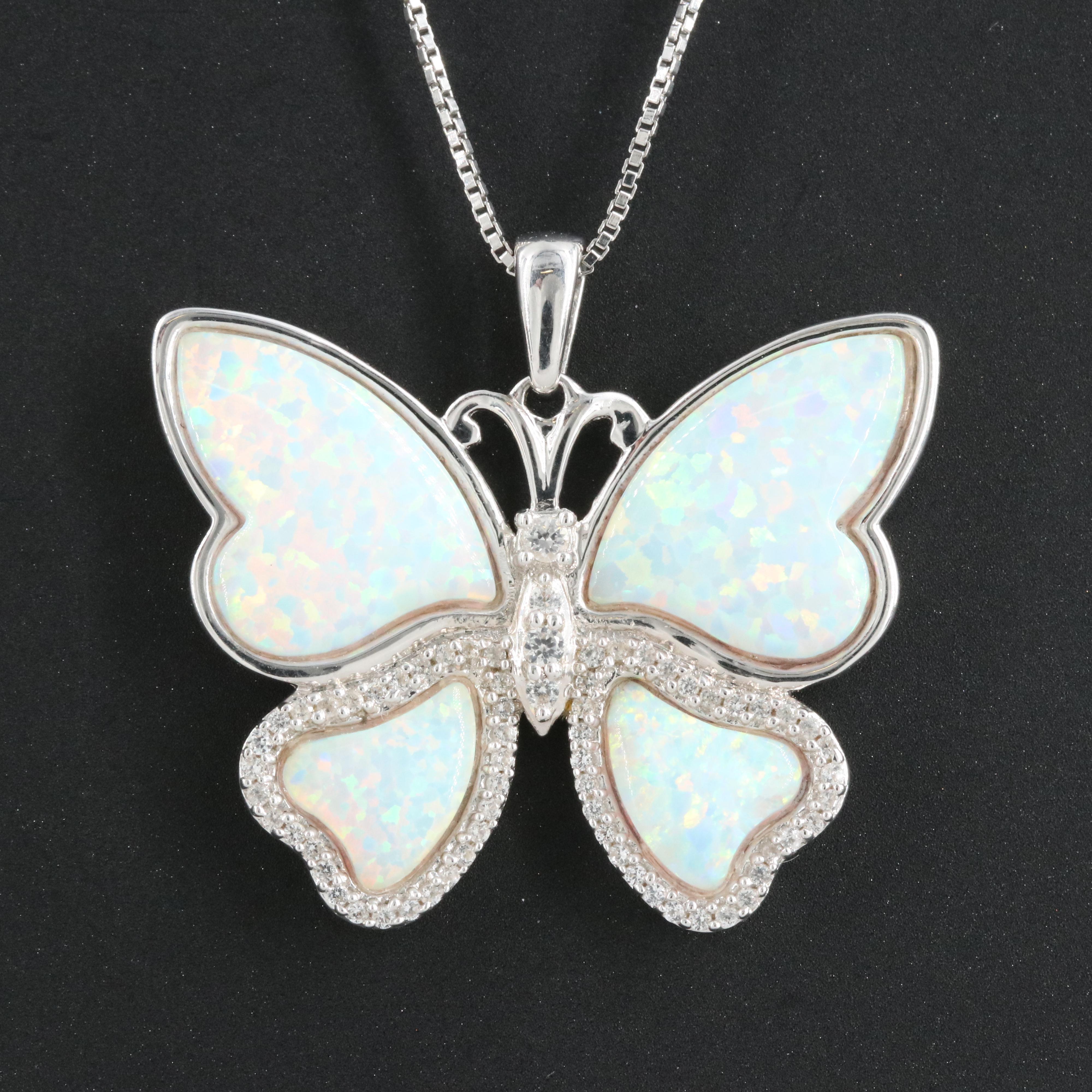 Sterling Opal and Sapphire Butterfly Pendant Necklace