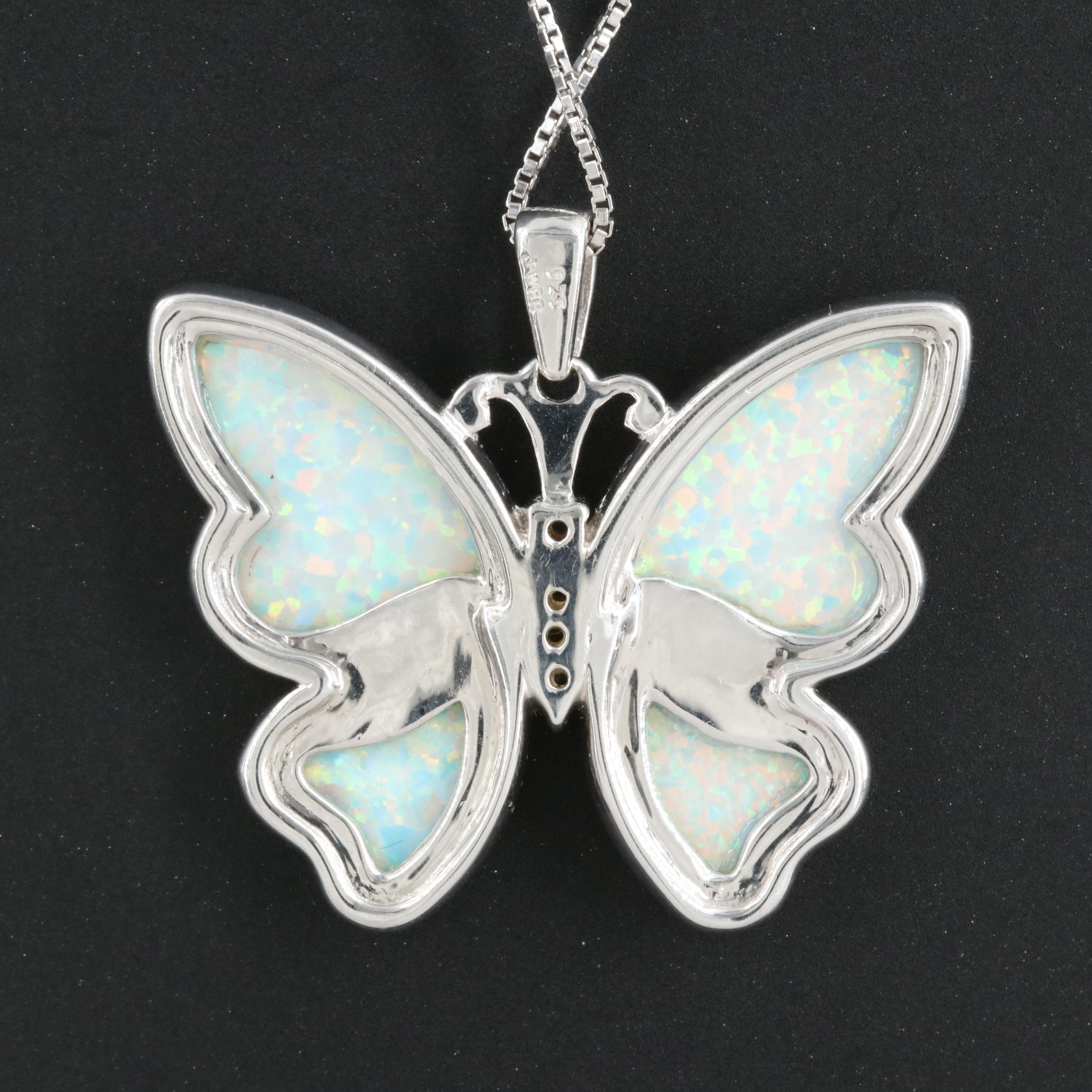 Sterling Opal and Sapphire Butterfly Pendant Necklace