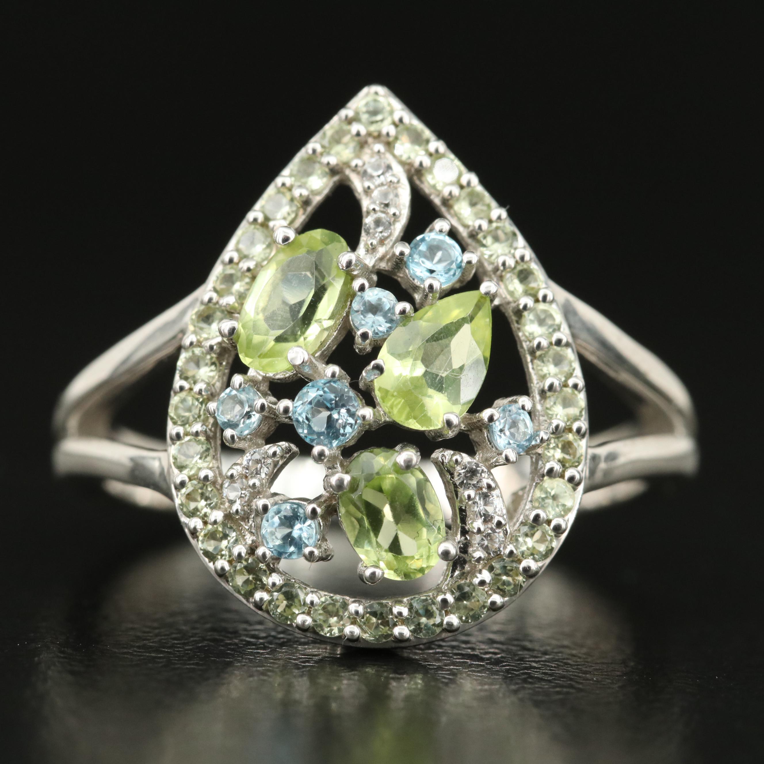 Sterling Peridot, Topaz and White Topaz Teardrop Ring