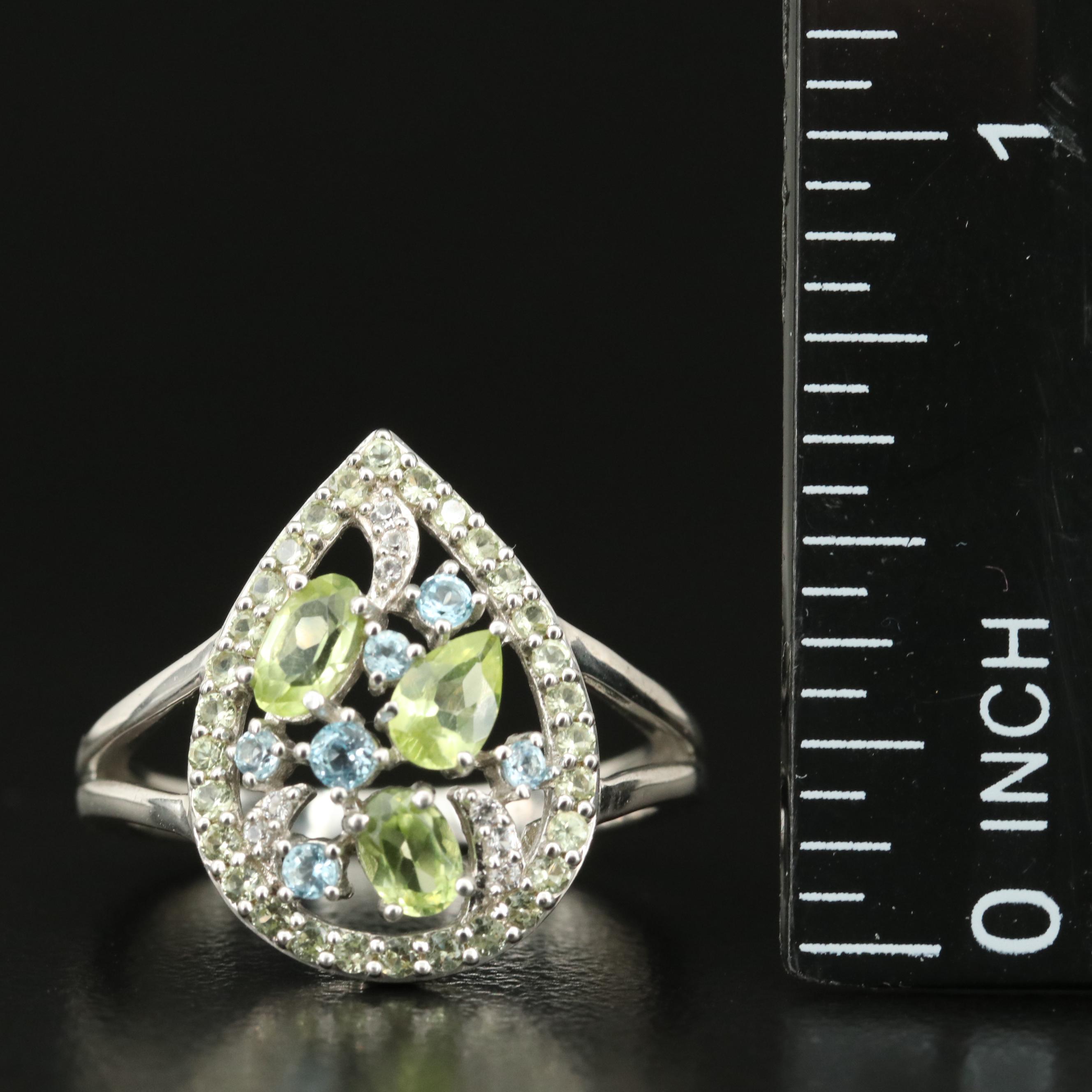 Sterling Peridot, Topaz and White Topaz Teardrop Ring