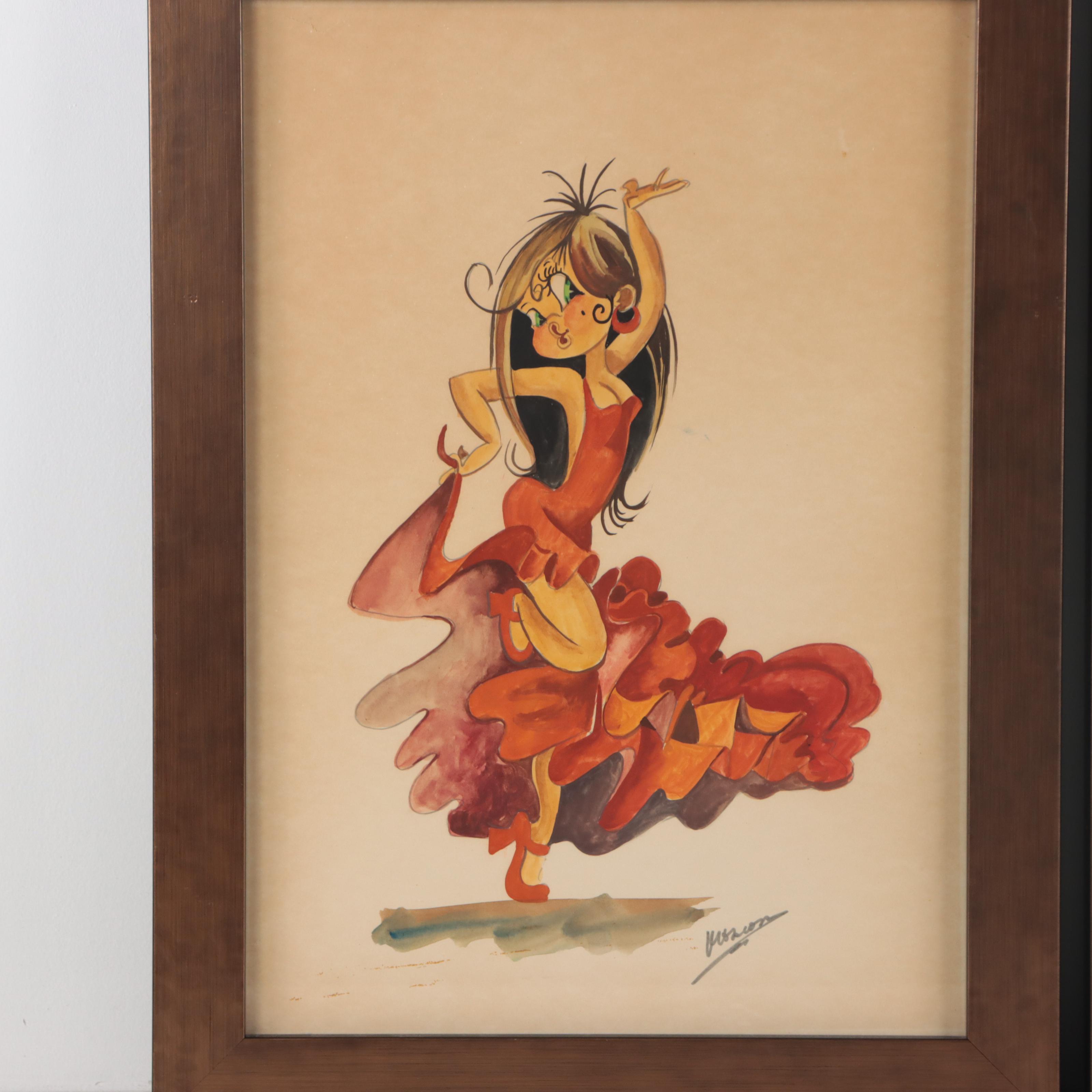 Ink and Watercolor Caricature Drawings of Dancers