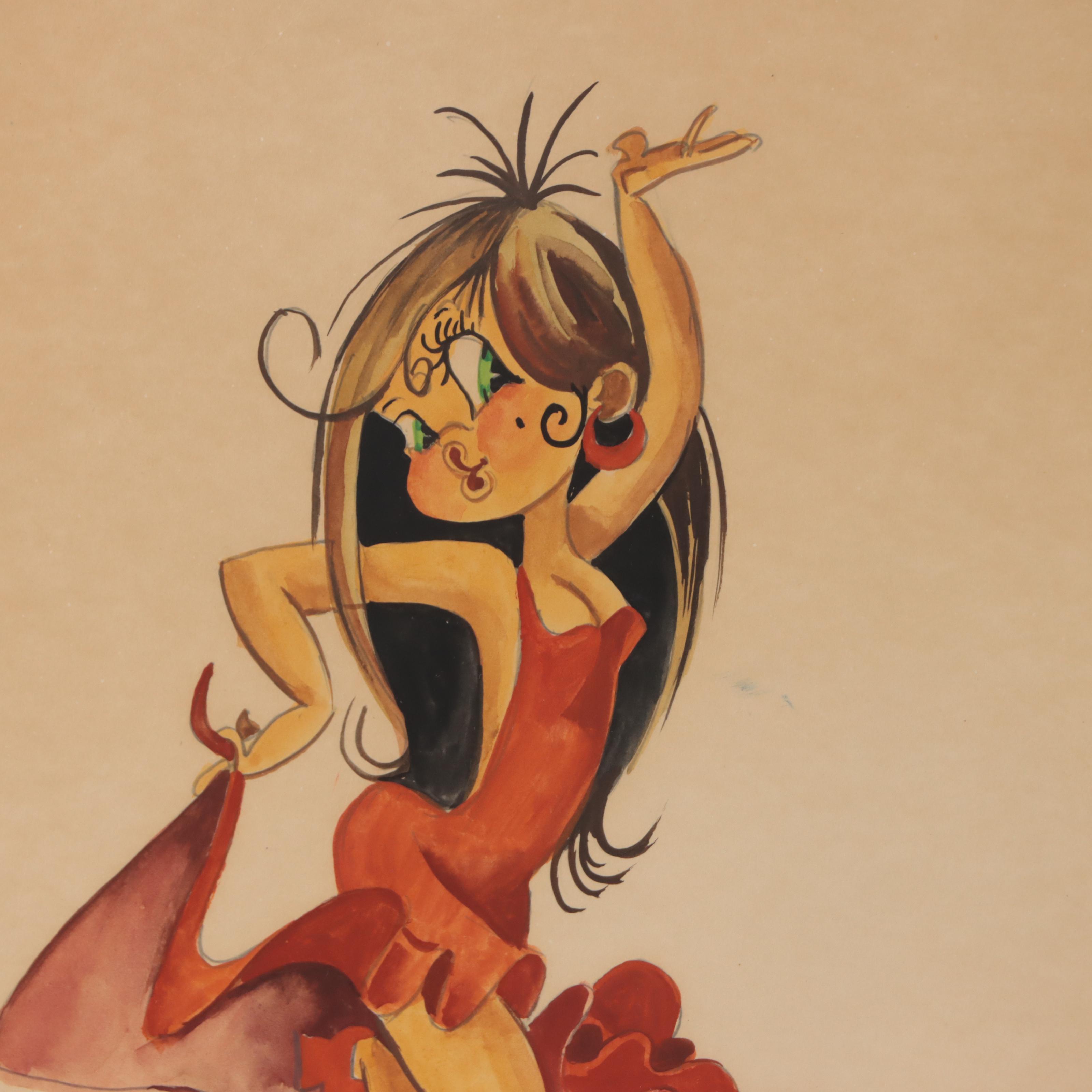 Ink and Watercolor Caricature Drawings of Dancers