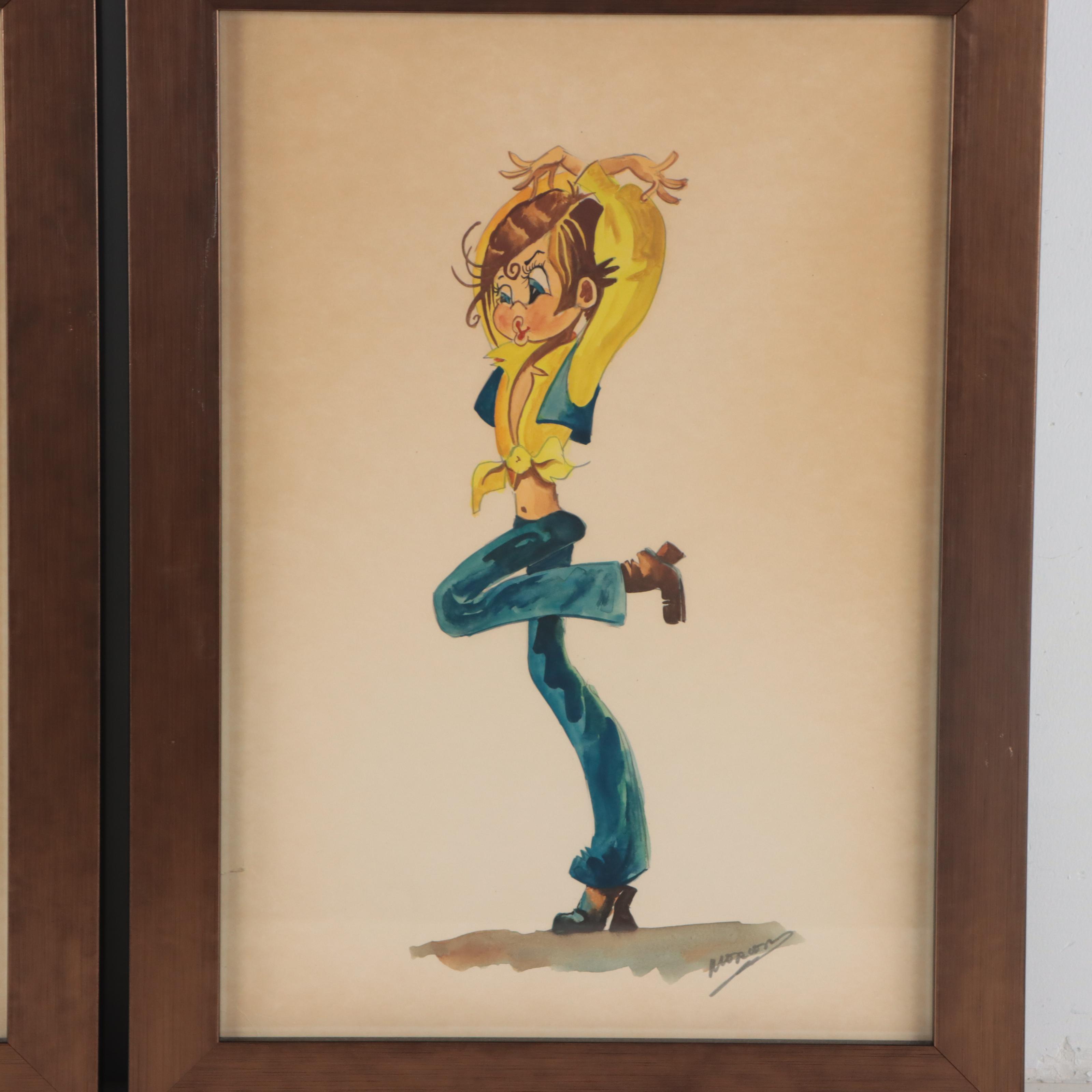 Ink and Watercolor Caricature Drawings of Dancers
