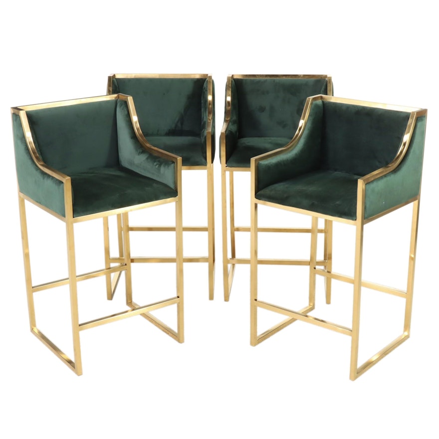 Four Contemporary Green Velvet and Gold Metal Counter Stools