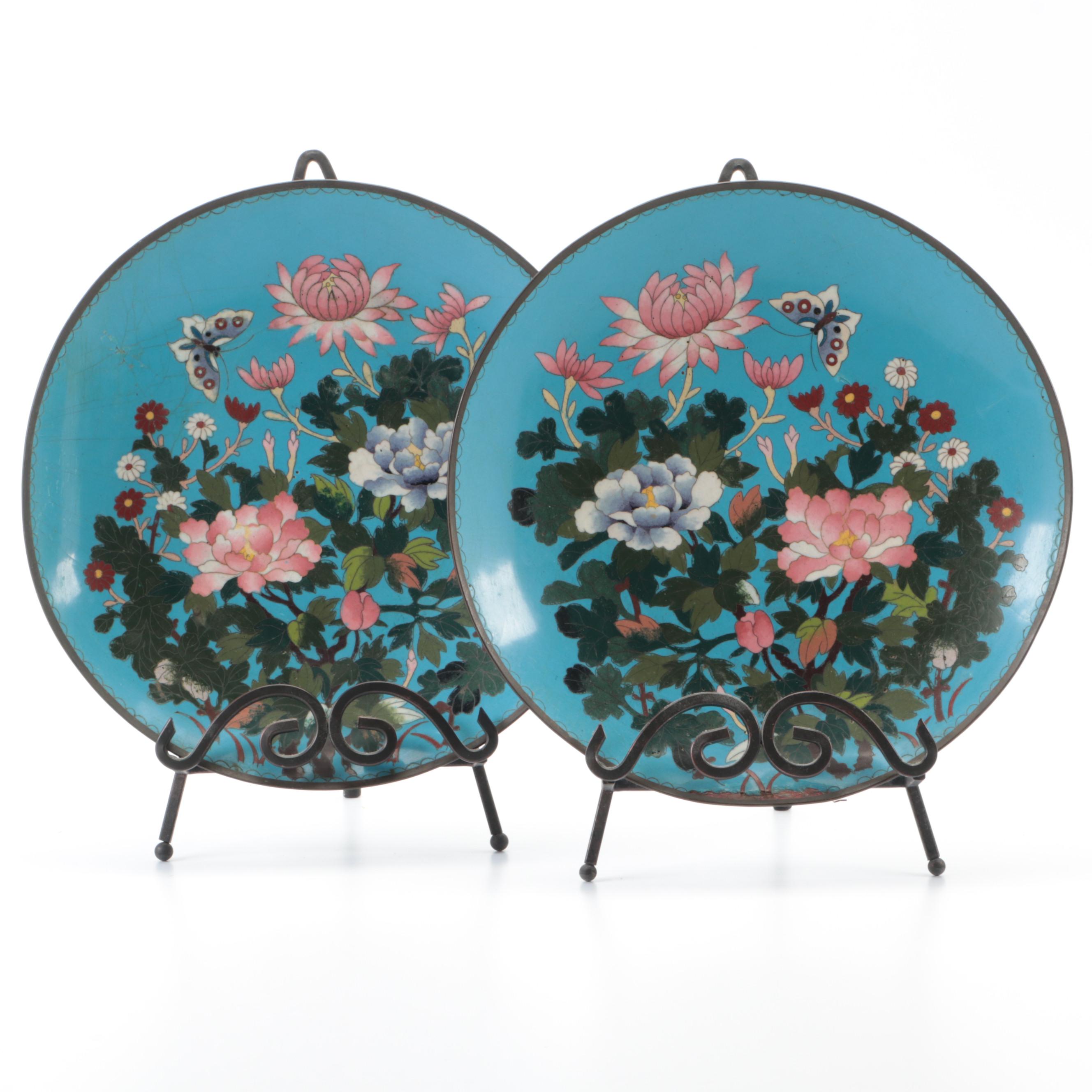 Matched Pair of Japanese Cloisonné Garden Motif Dishes