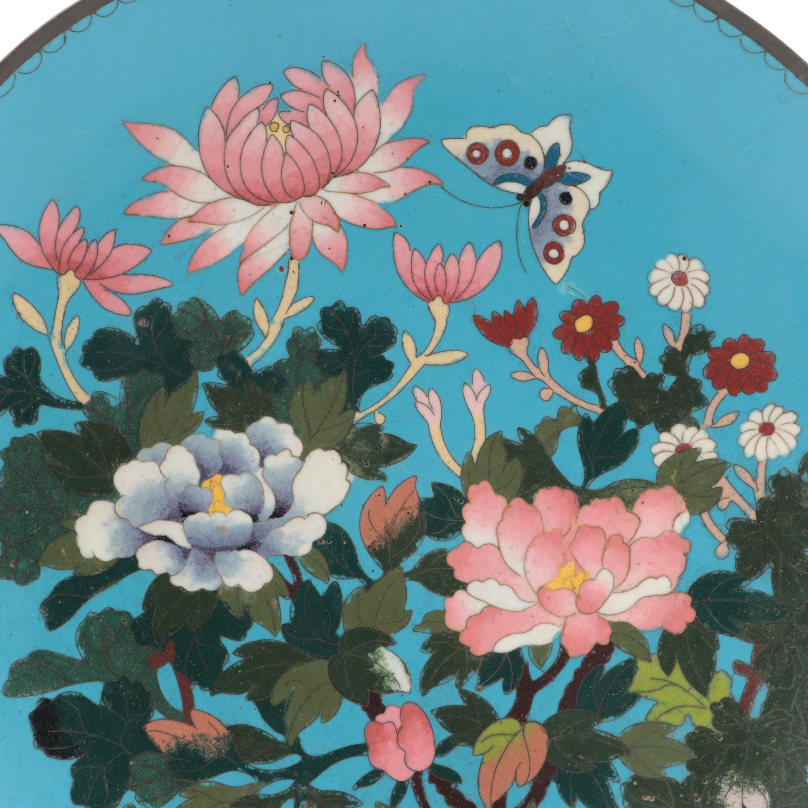 Matched Pair of Japanese Cloisonné Garden Motif Dishes