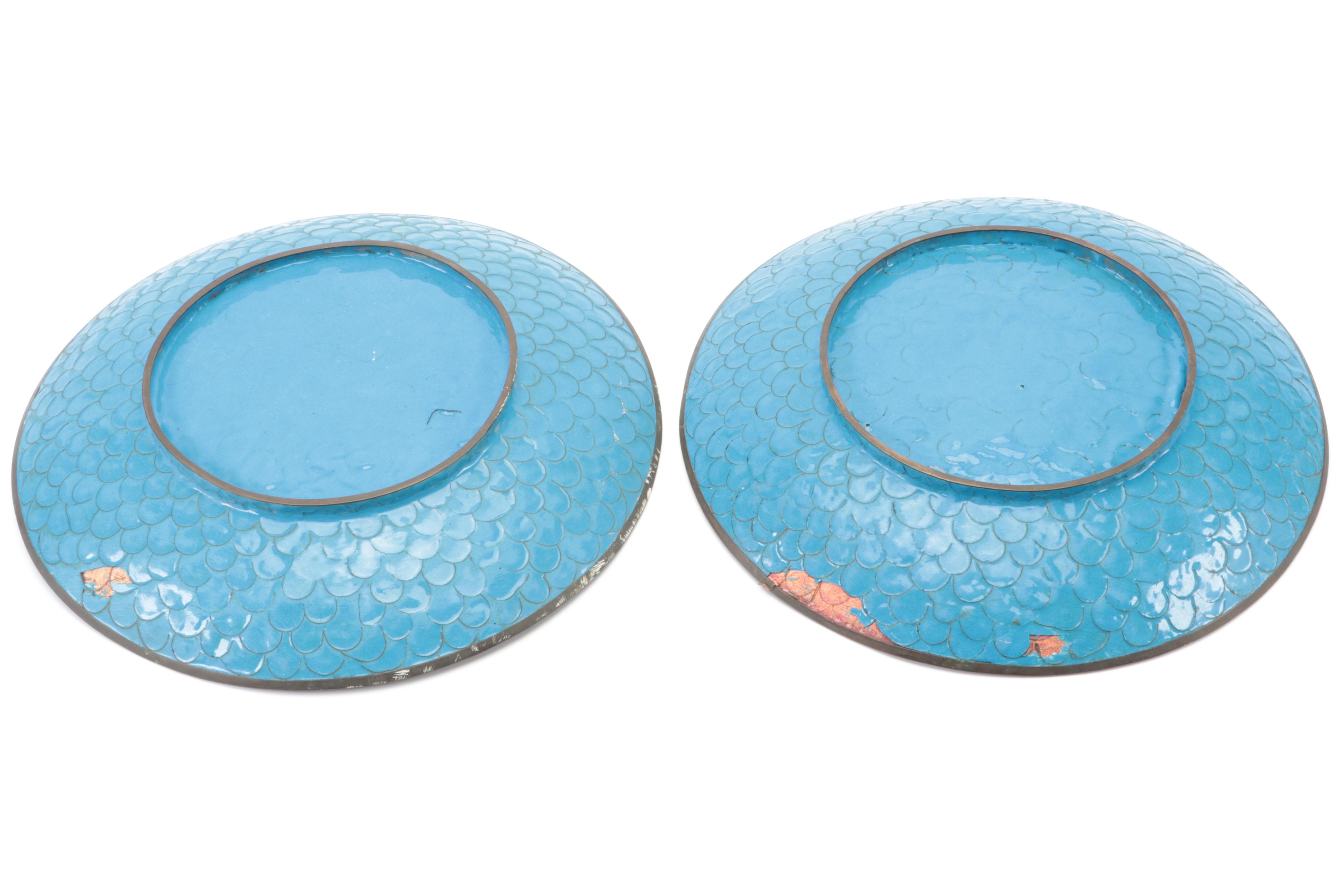 Matched Pair of Japanese Cloisonné Garden Motif Dishes