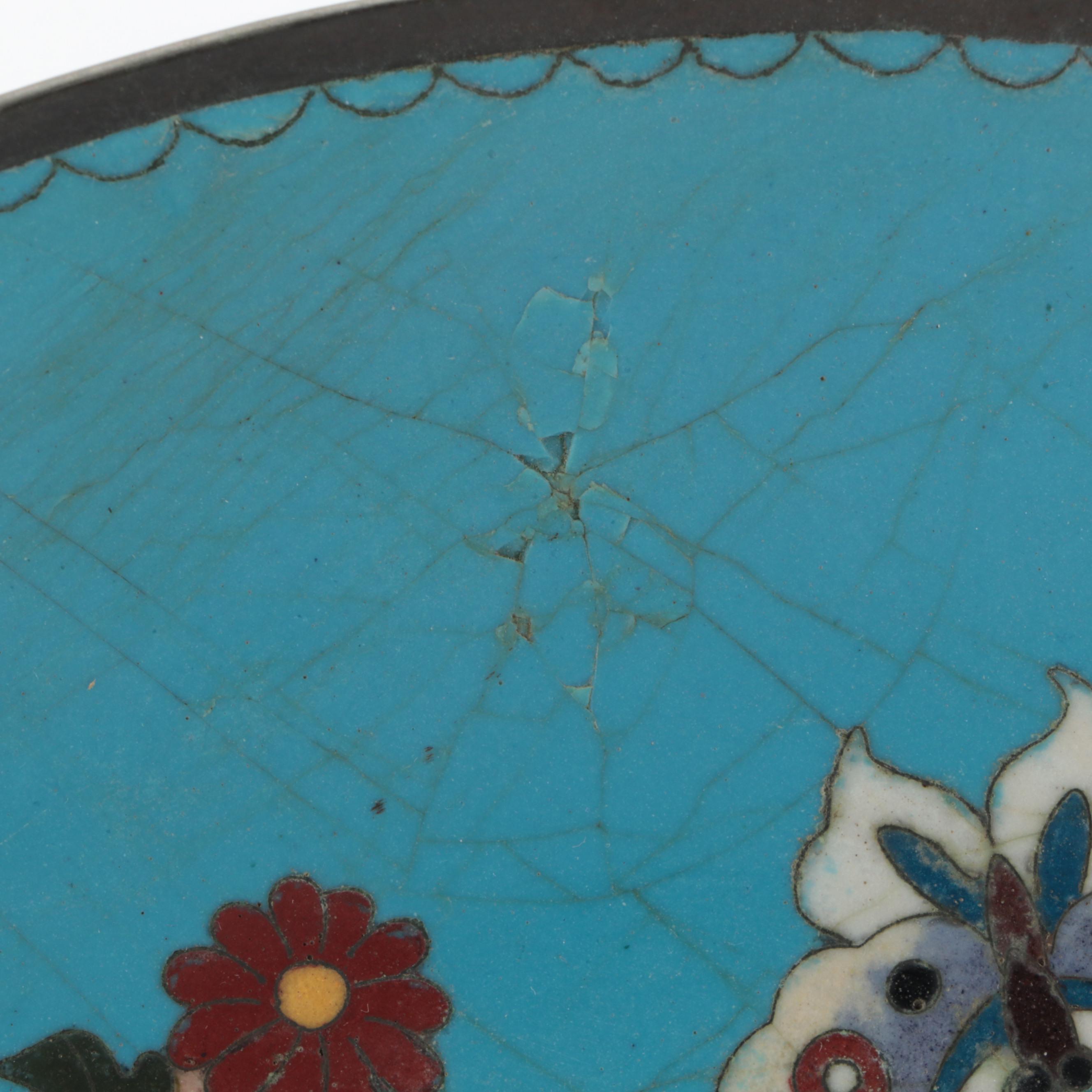 Matched Pair of Japanese Cloisonné Garden Motif Dishes