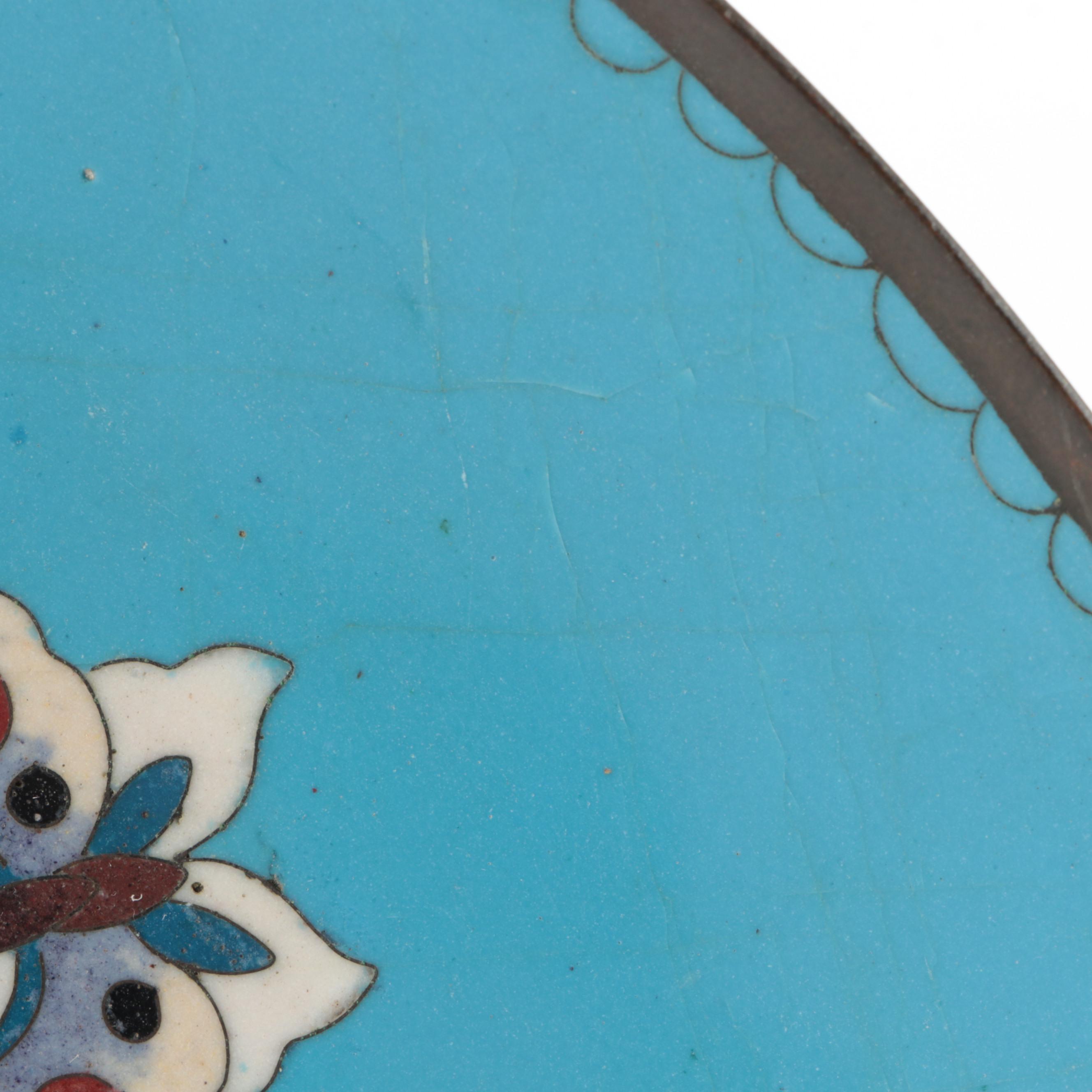 Matched Pair of Japanese Cloisonné Garden Motif Dishes