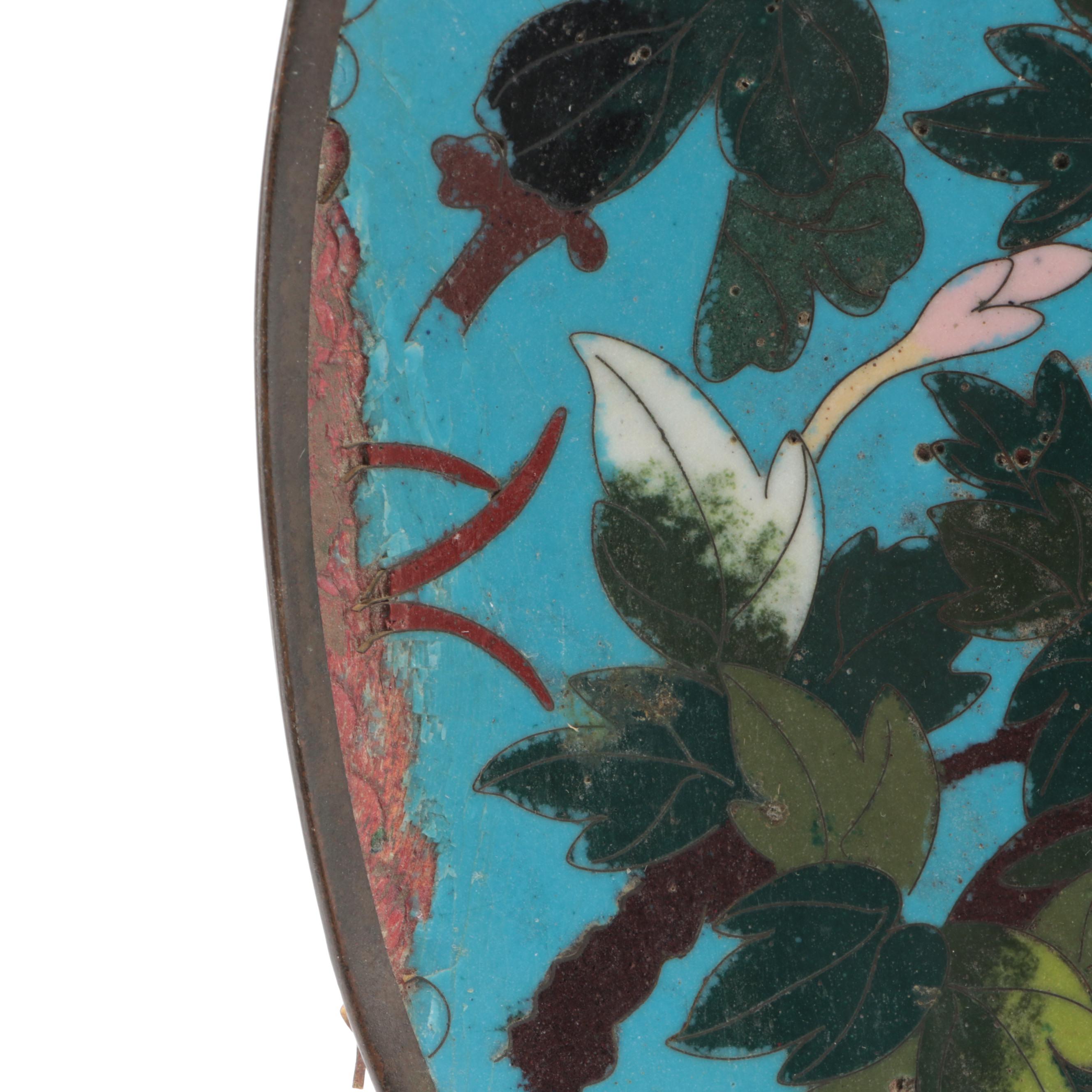 Matched Pair of Japanese Cloisonné Garden Motif Dishes