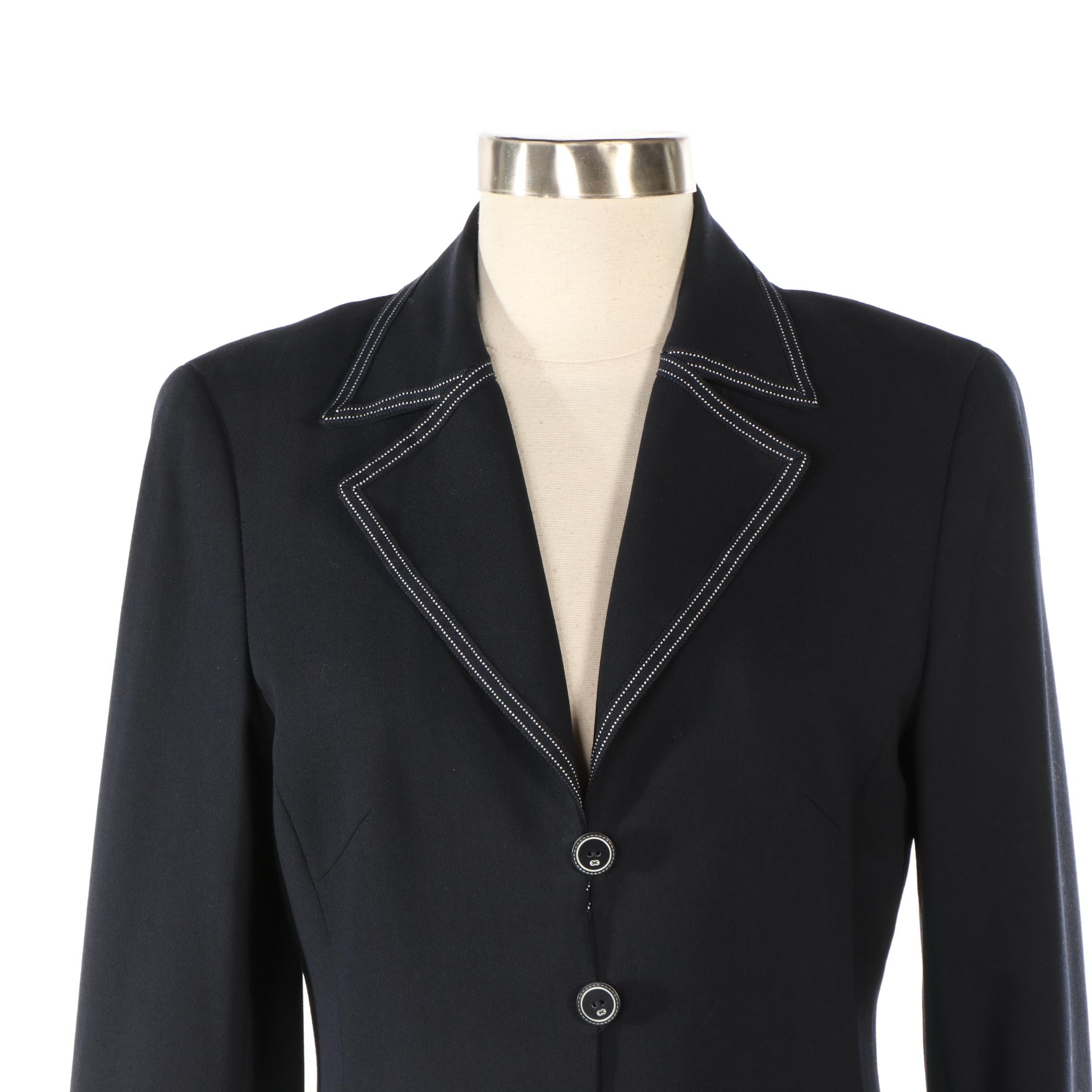 Escada Wool Two-Piece Long Jacket and Pant Set with Contrast Stitching