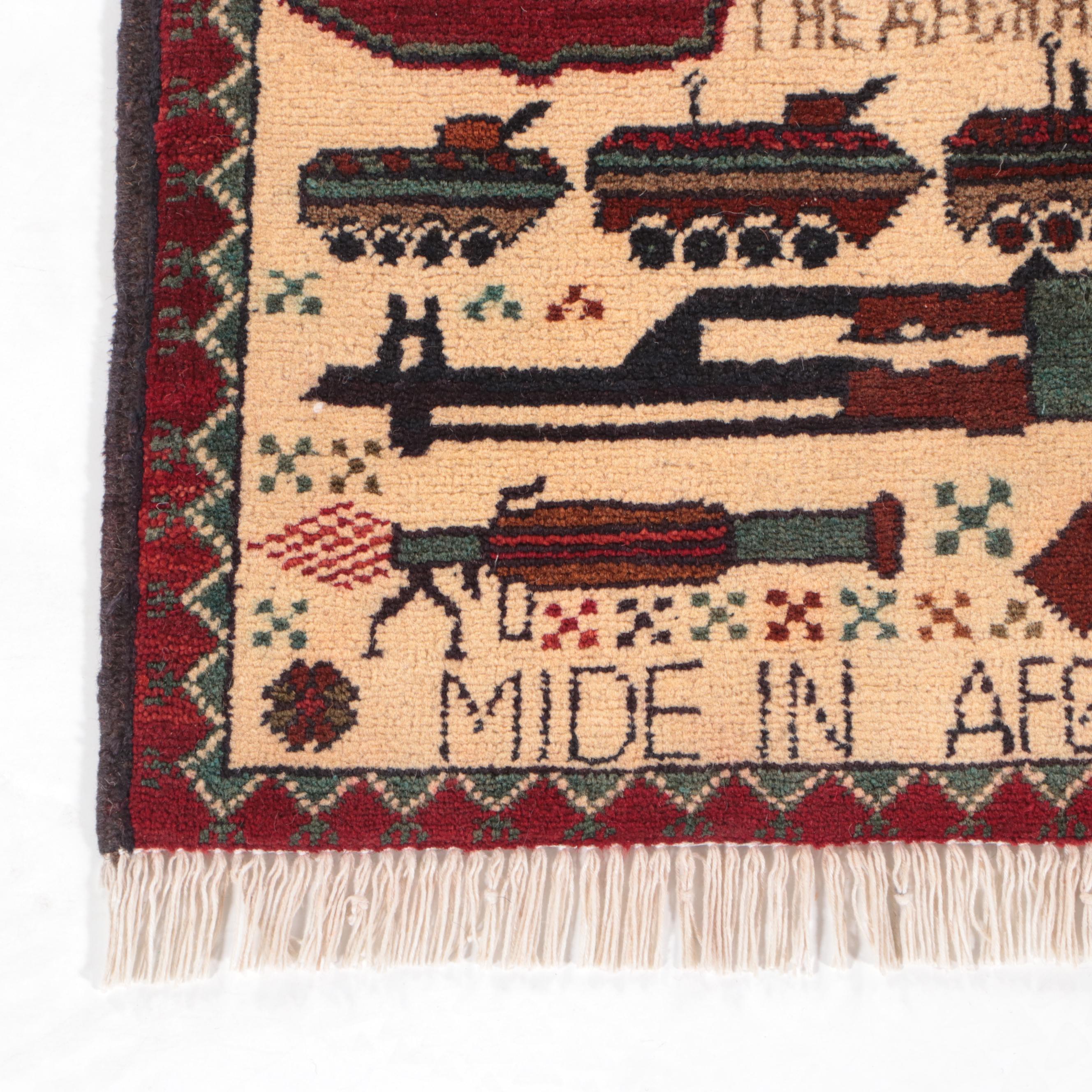 2' x 2'9 Hand-Knotted Afghan Pictorial War Rug