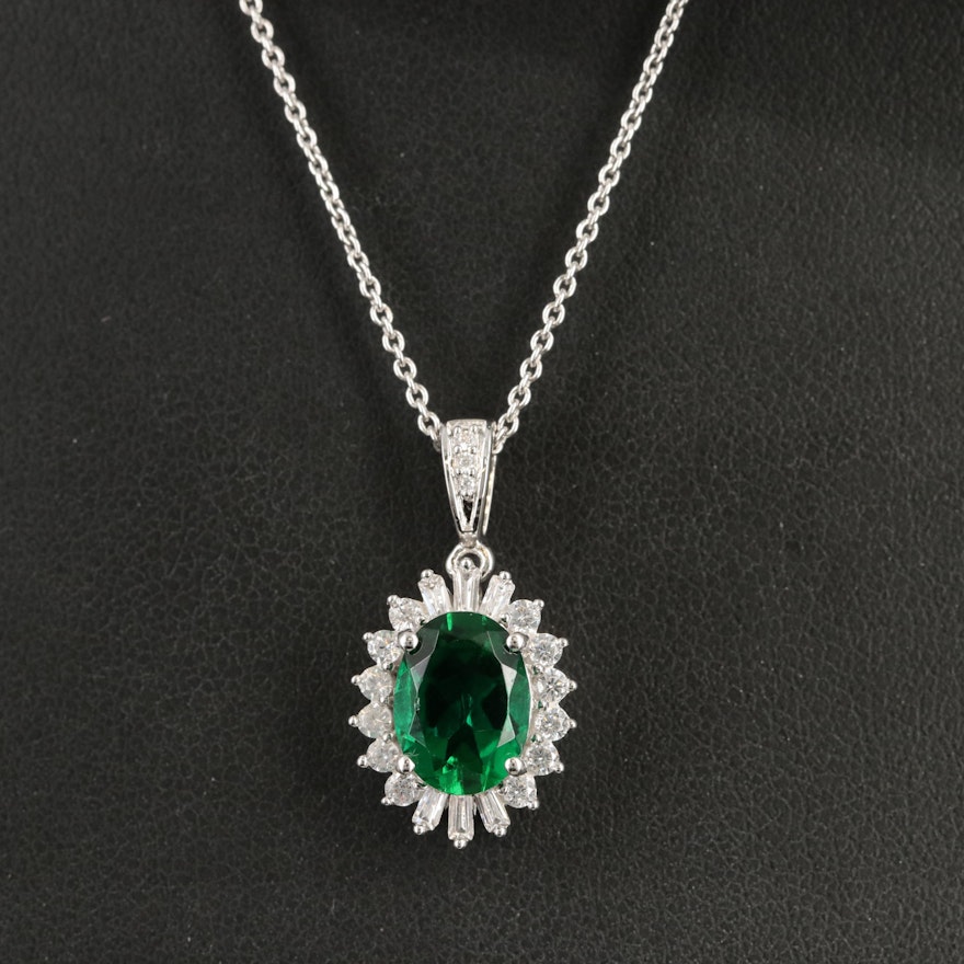 Sterling Emerald and Cubic Zirconia Pendant Necklace