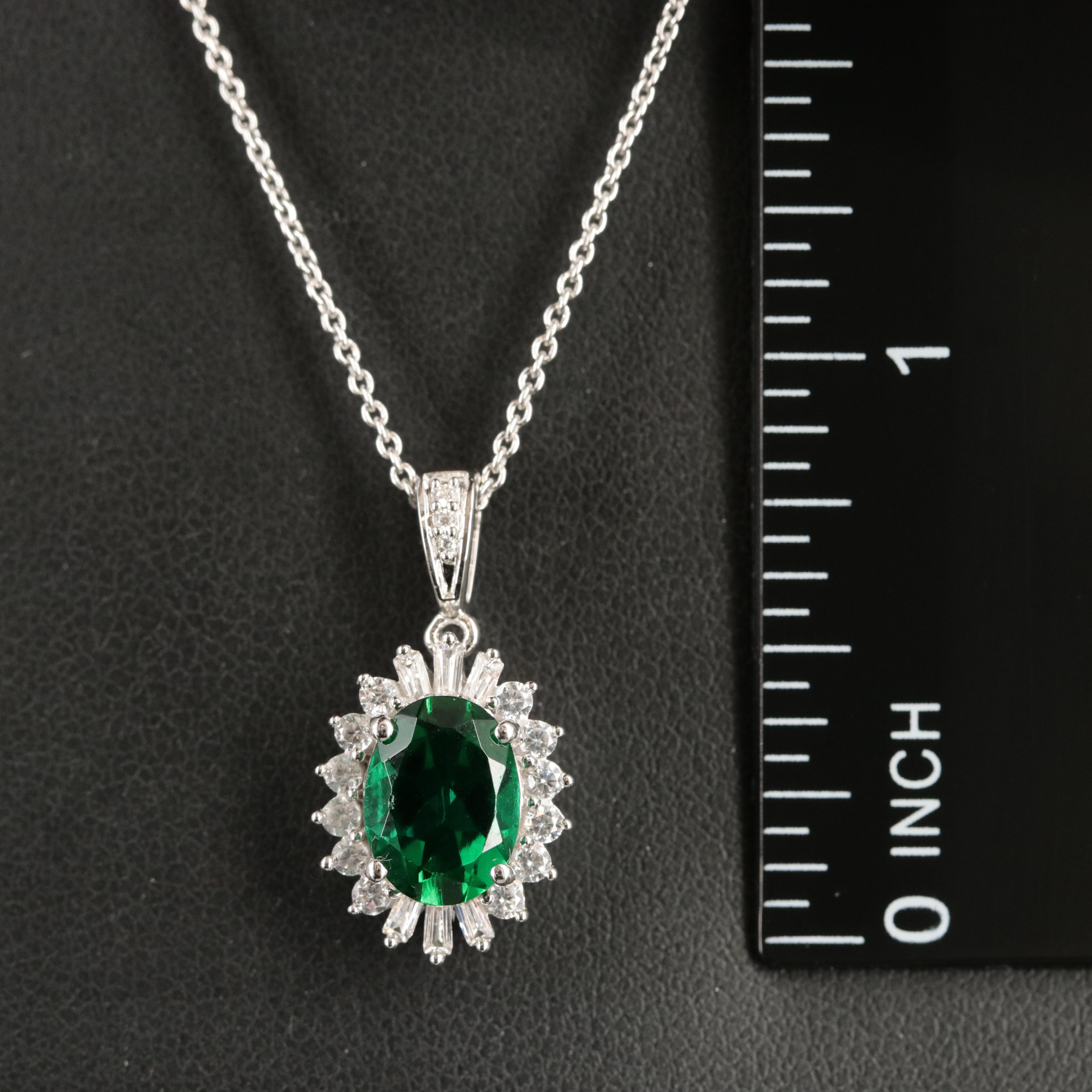 Sterling Emerald and Cubic Zirconia Pendant Necklace