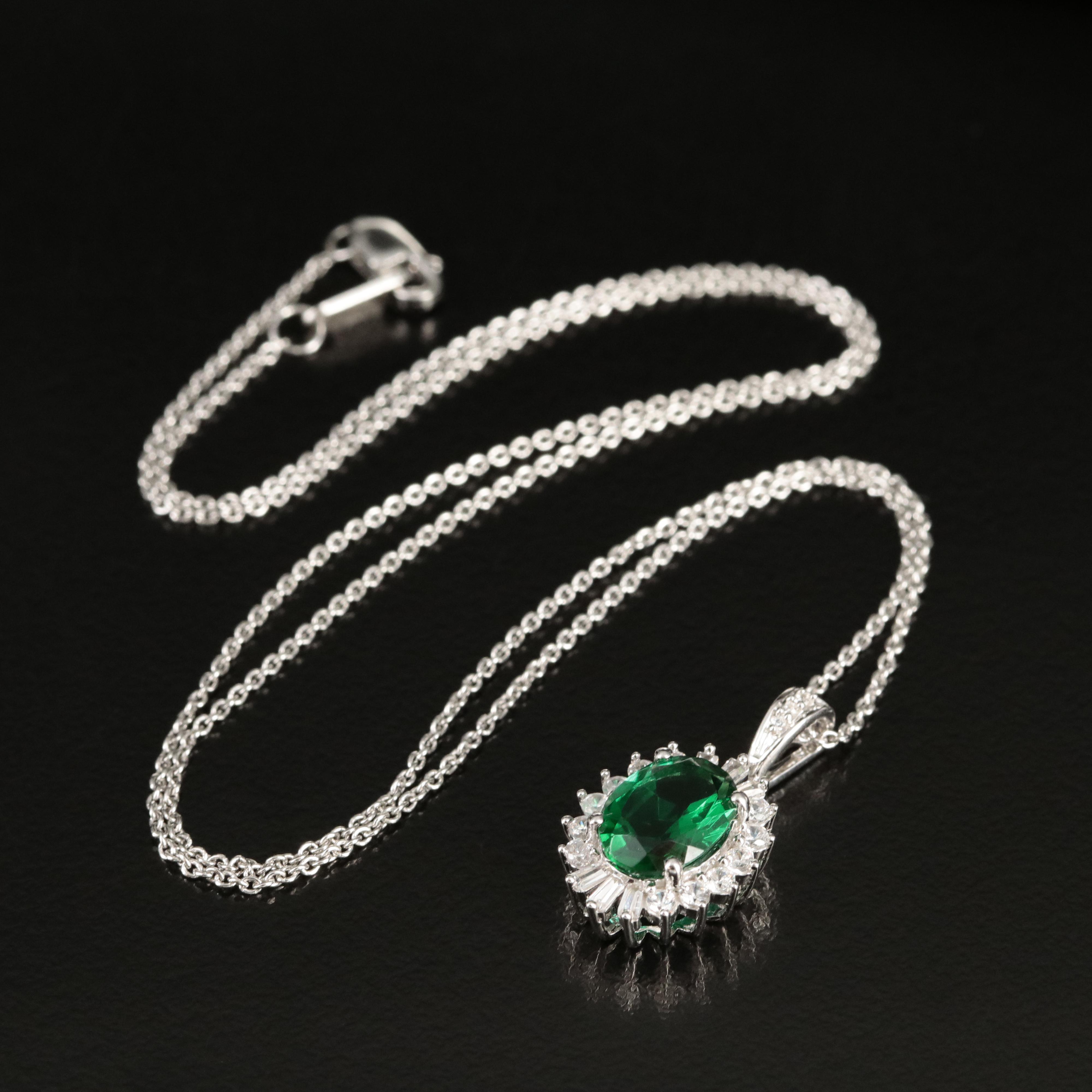 Sterling Emerald and Cubic Zirconia Pendant Necklace