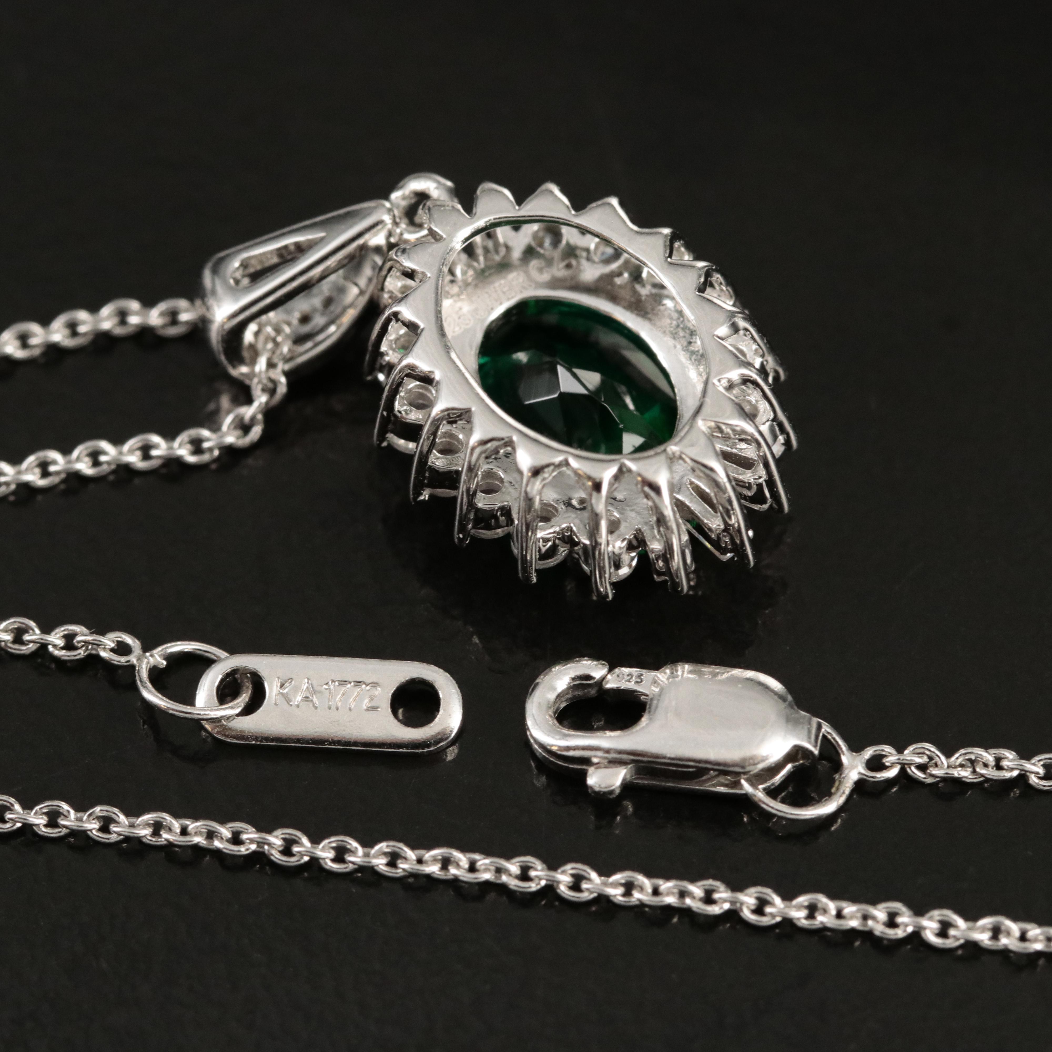 Sterling Emerald and Cubic Zirconia Pendant Necklace