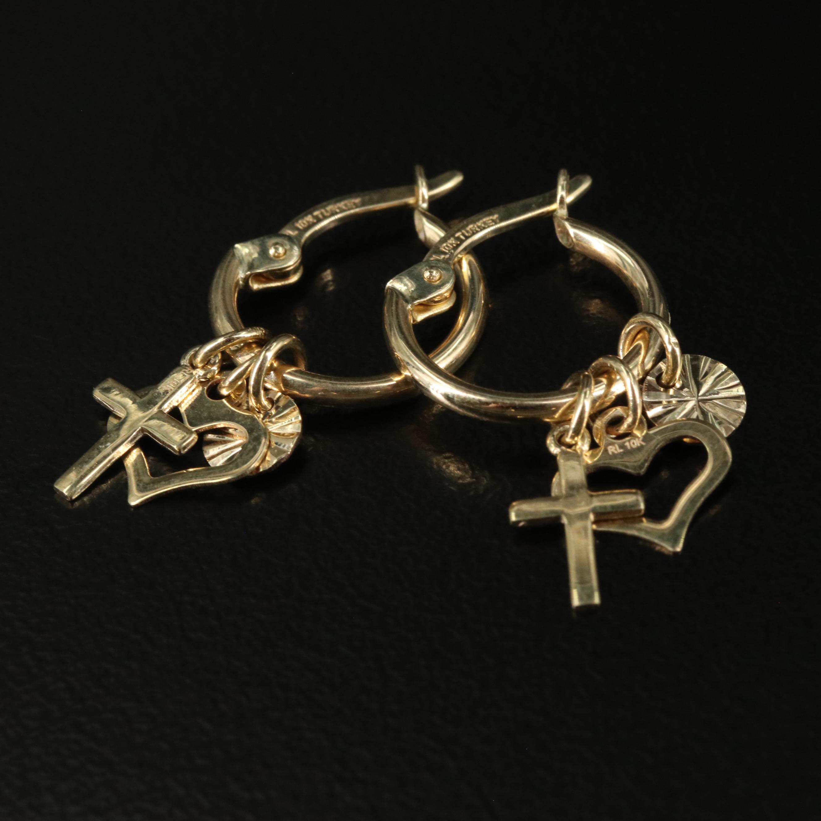 14K Huggie Hoop Earrings Featuring Dangling Hearts and Crosses