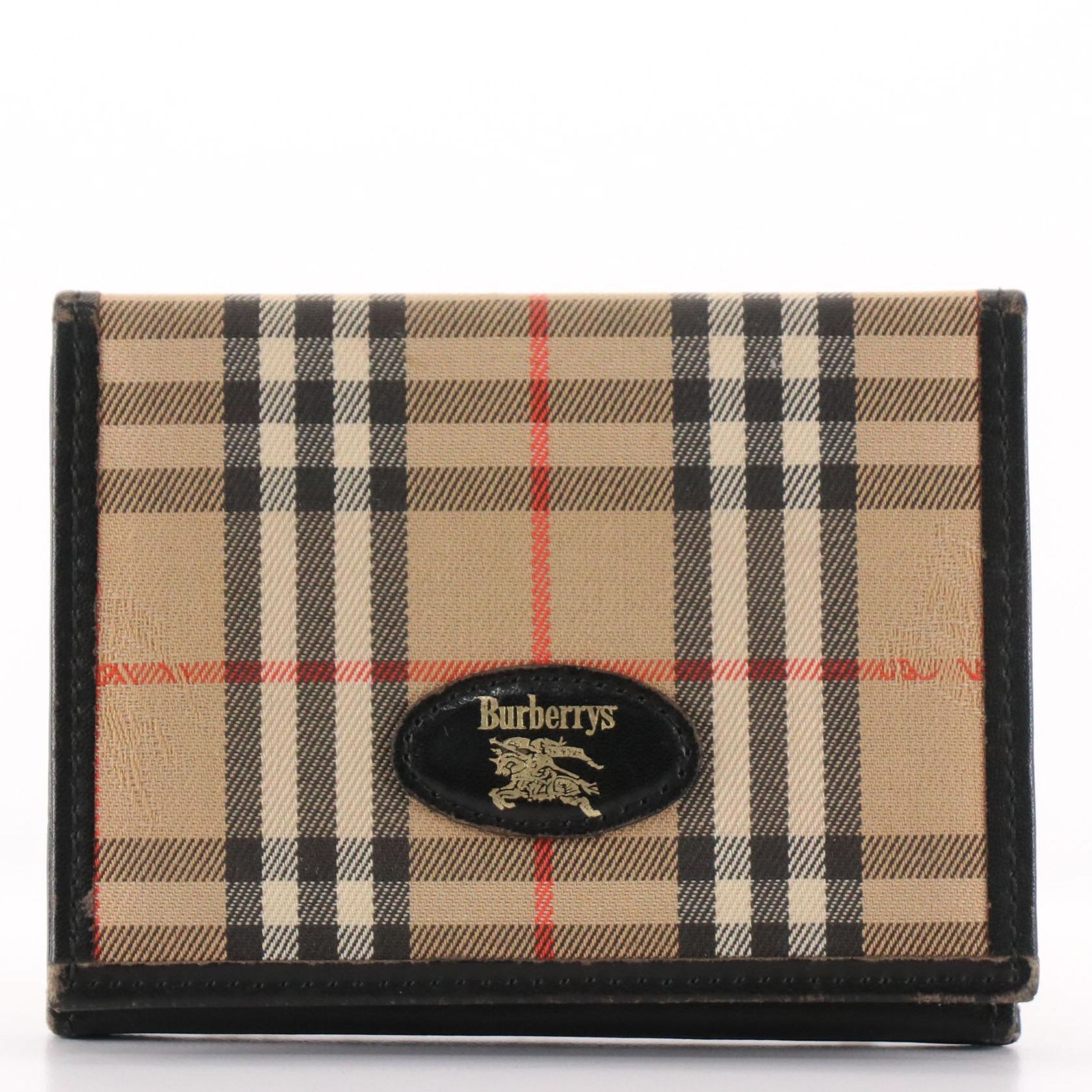 Burberrys Bifold Compact Wallet in Haymarket Check Canvas and Black Leather Trim