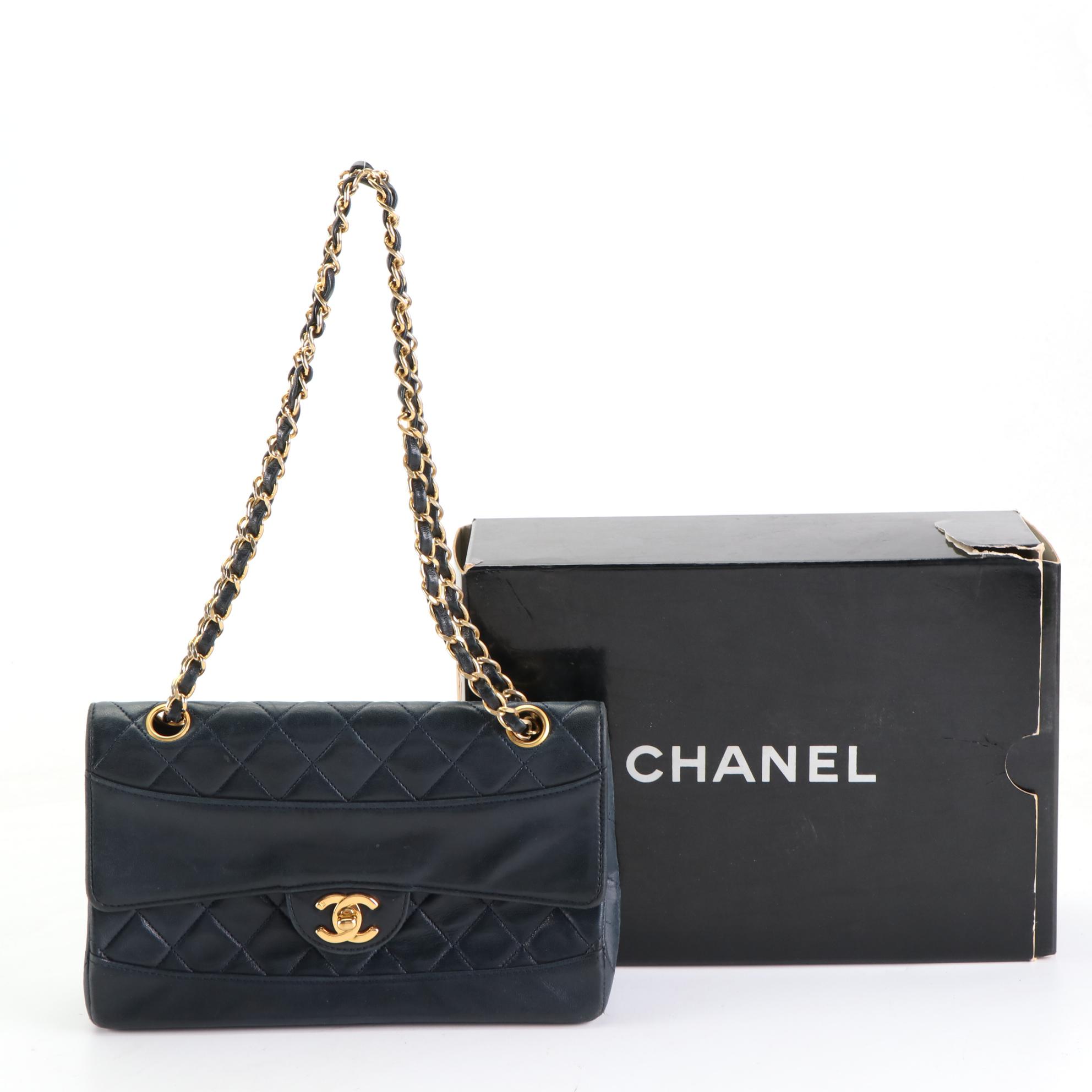Chanel Flap Bag in Navy Quilted Lambskin Leather with Box