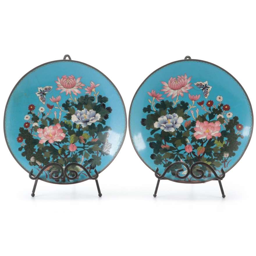 Matched Pair of Japanese Cloisonné Garden Motif Dishes