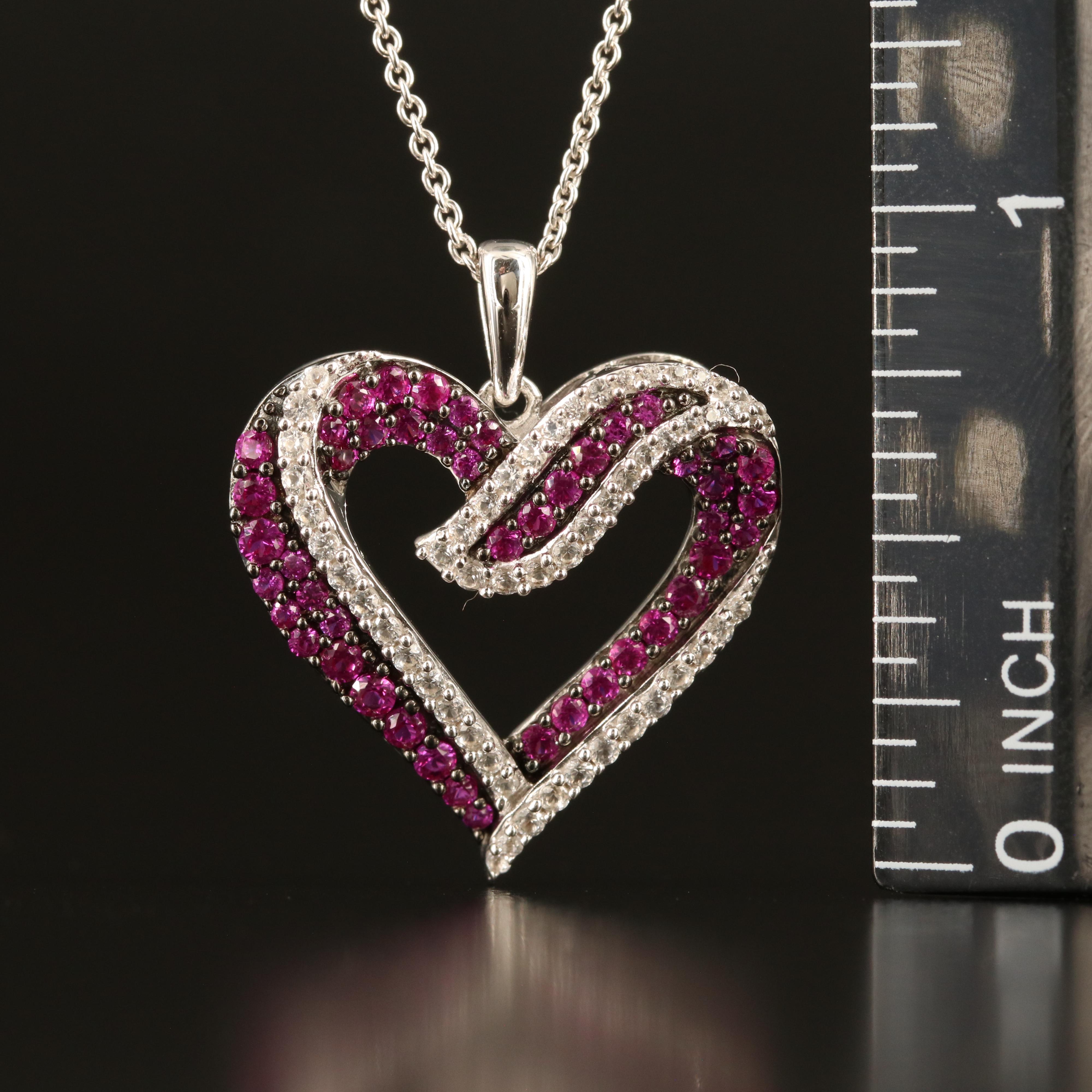 Sterling Ruby and White Sapphire Heart Pendant Necklace