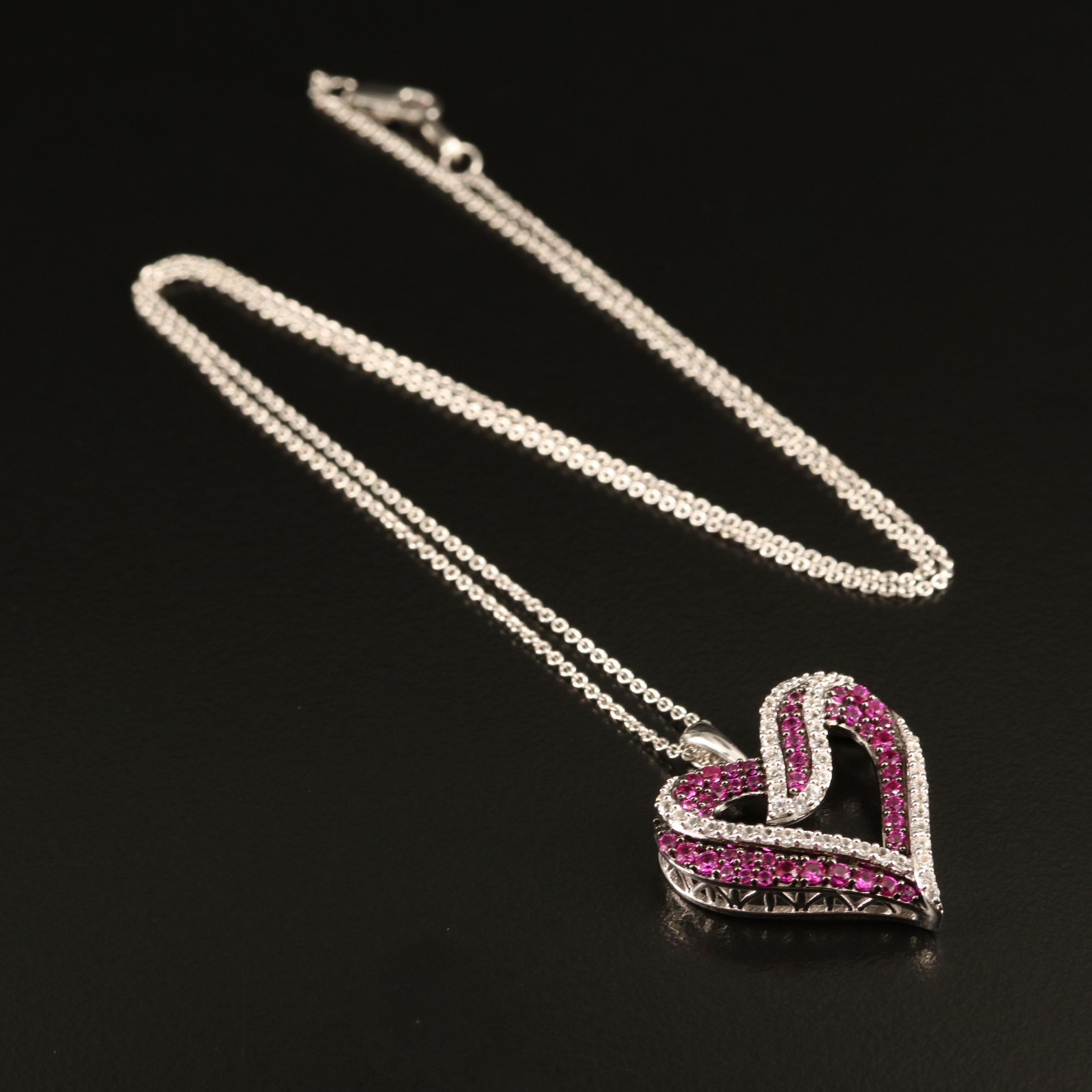 Sterling Ruby and White Sapphire Heart Pendant Necklace