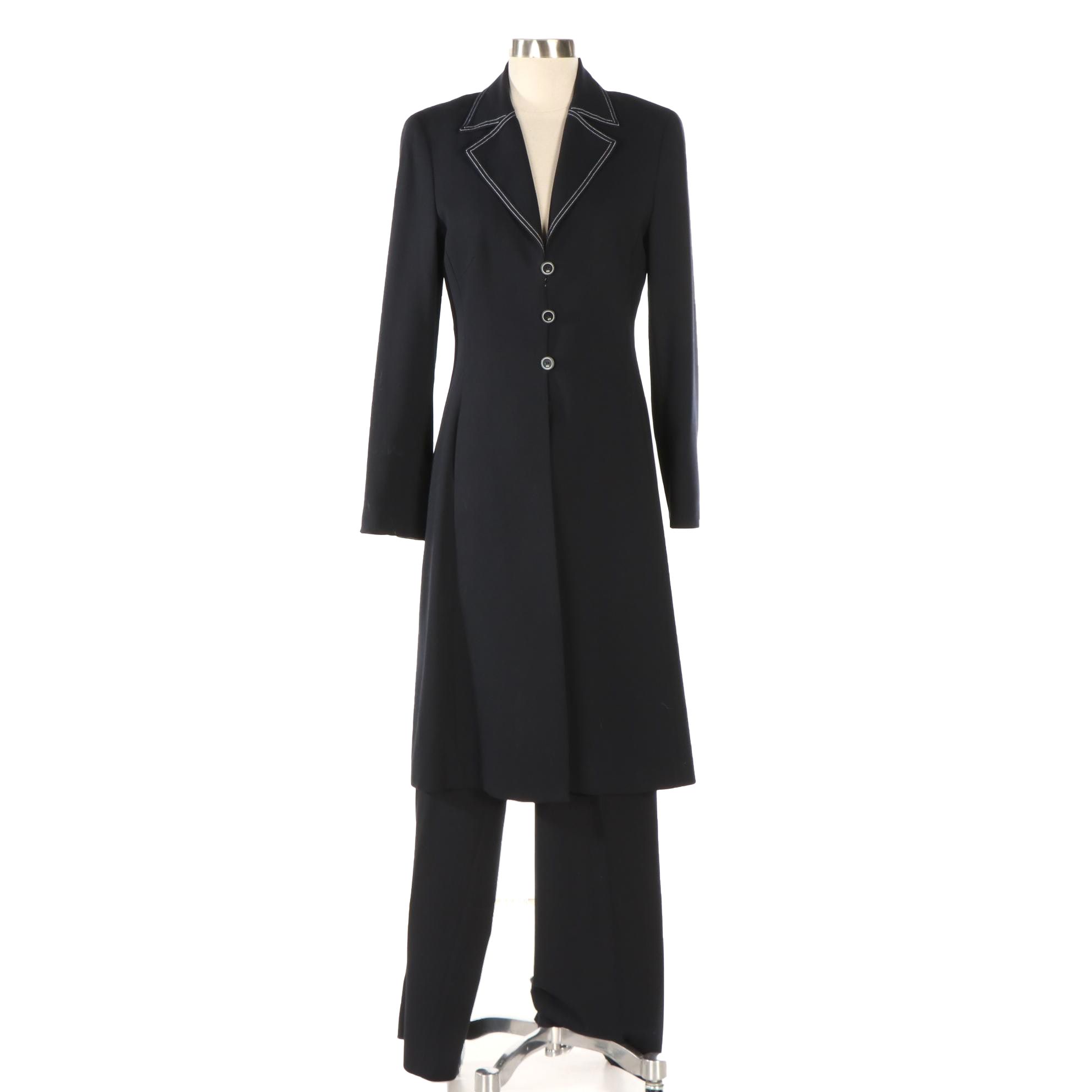 Escada Wool Two-Piece Long Jacket and Pant Set with Contrast Stitching