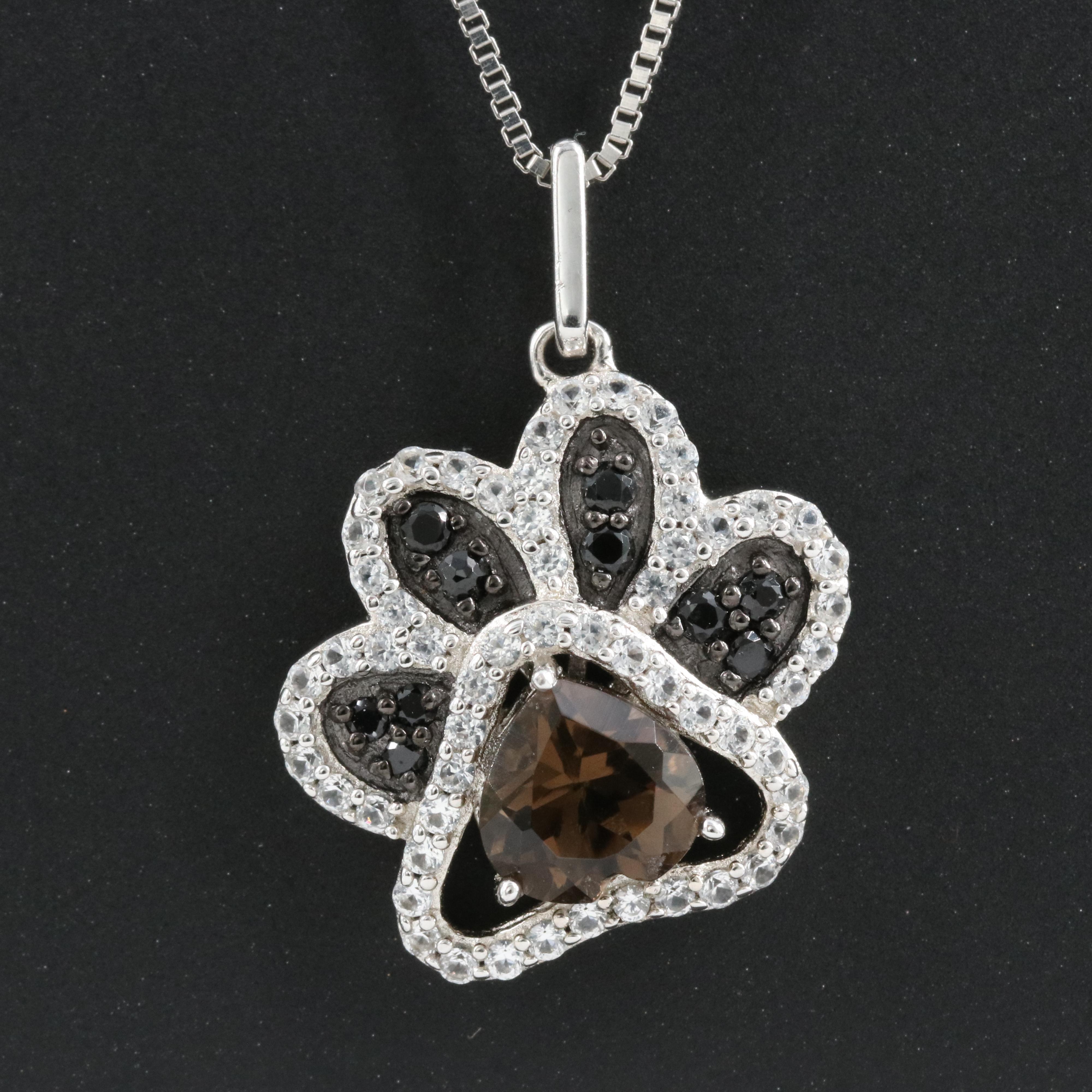Sterling Smoky Quartz, Cubic Zirconia and Sapphire Paw Print Pendant Necklace