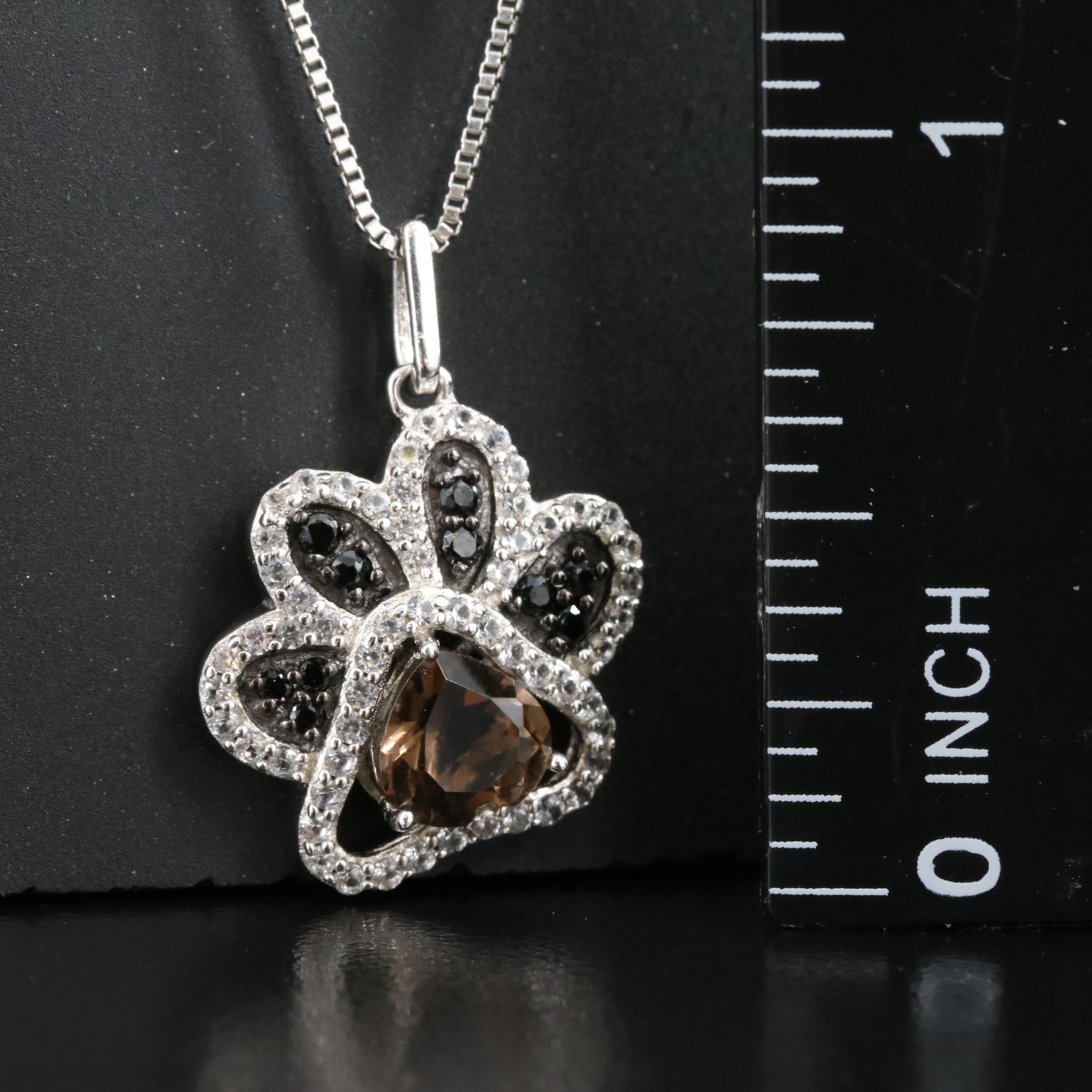 Sterling Smoky Quartz, Cubic Zirconia and Sapphire Paw Print Pendant Necklace