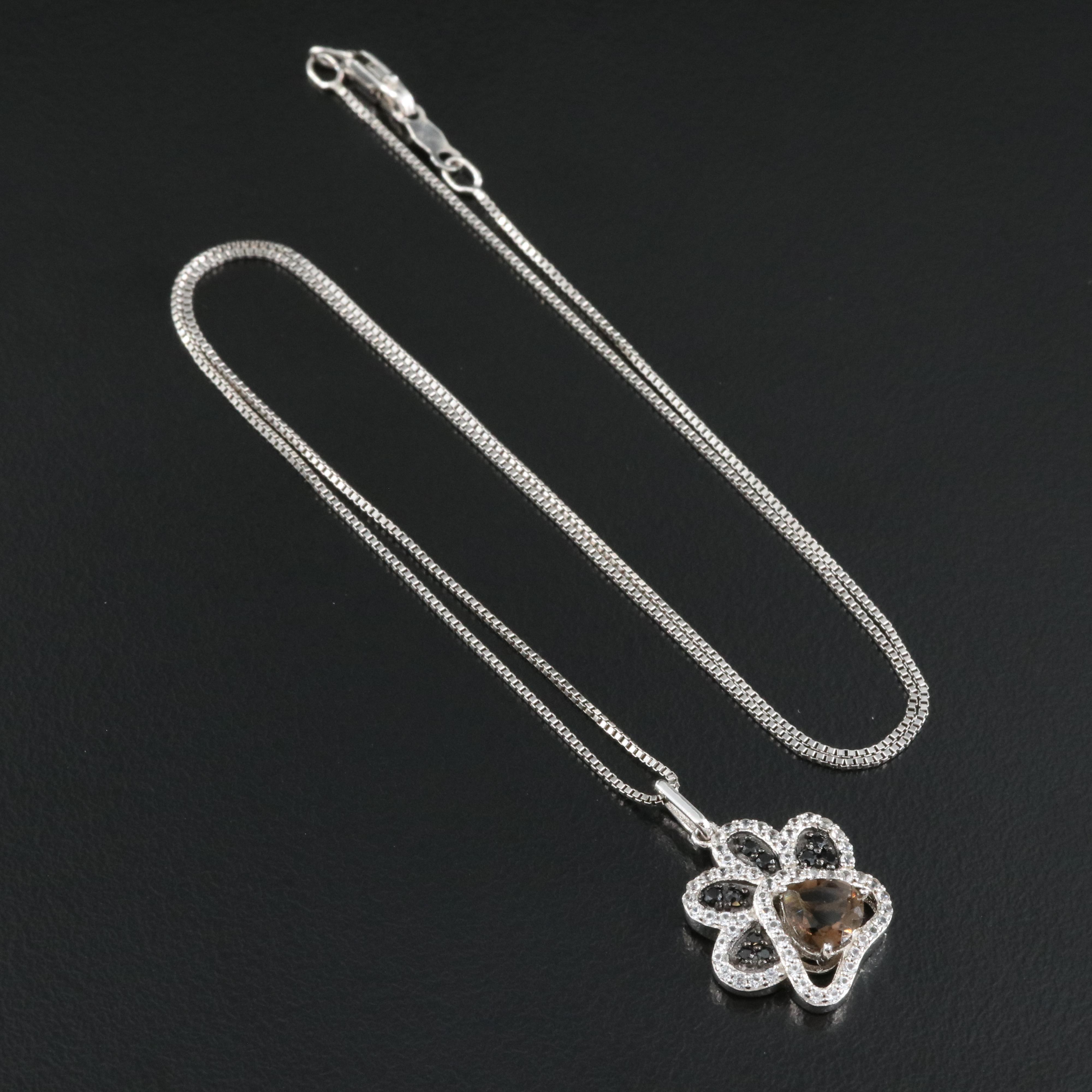 Sterling Smoky Quartz, Cubic Zirconia and Sapphire Paw Print Pendant Necklace