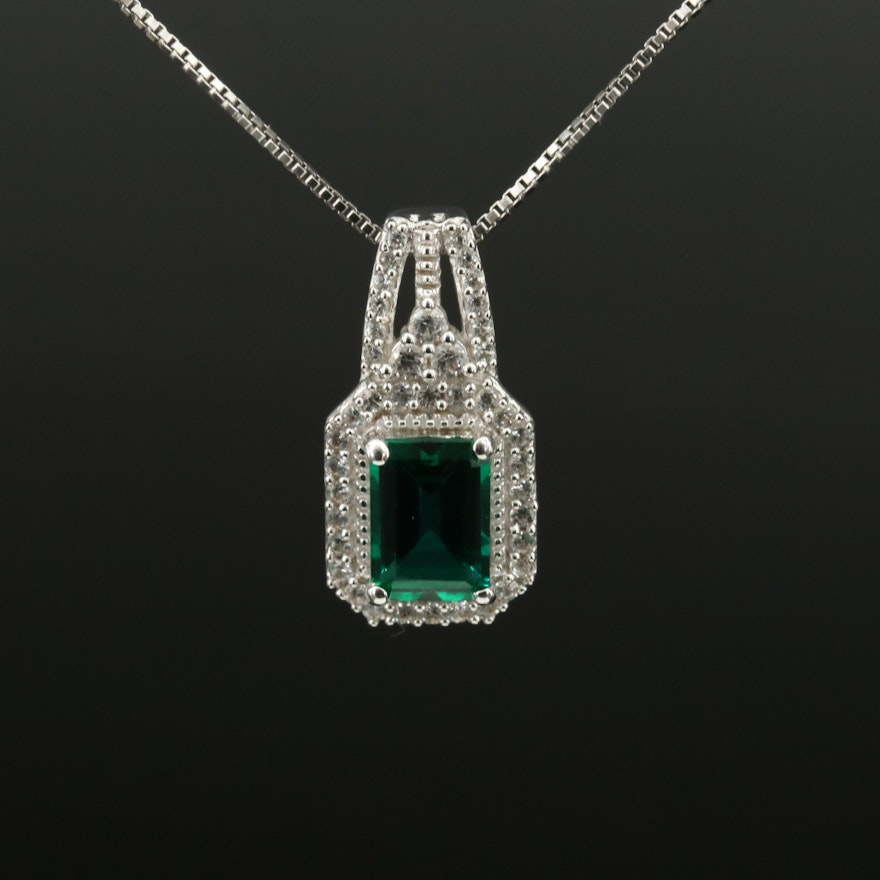 Sterling Emerald and White Sapphire Pendant Necklace