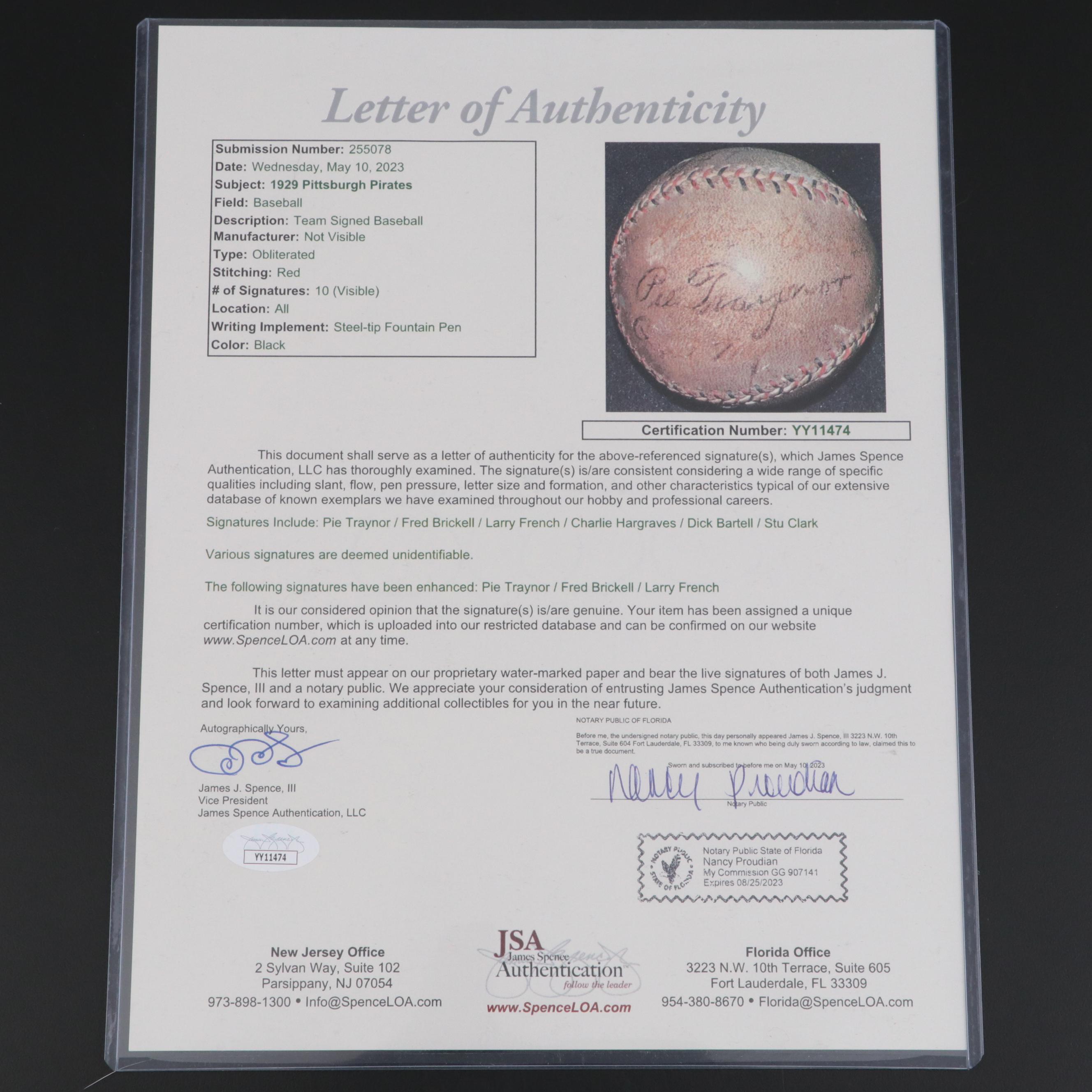 Pie Traynor, Fred Brickell and More 1929 Pittsburgh Pirates Signed Baseball